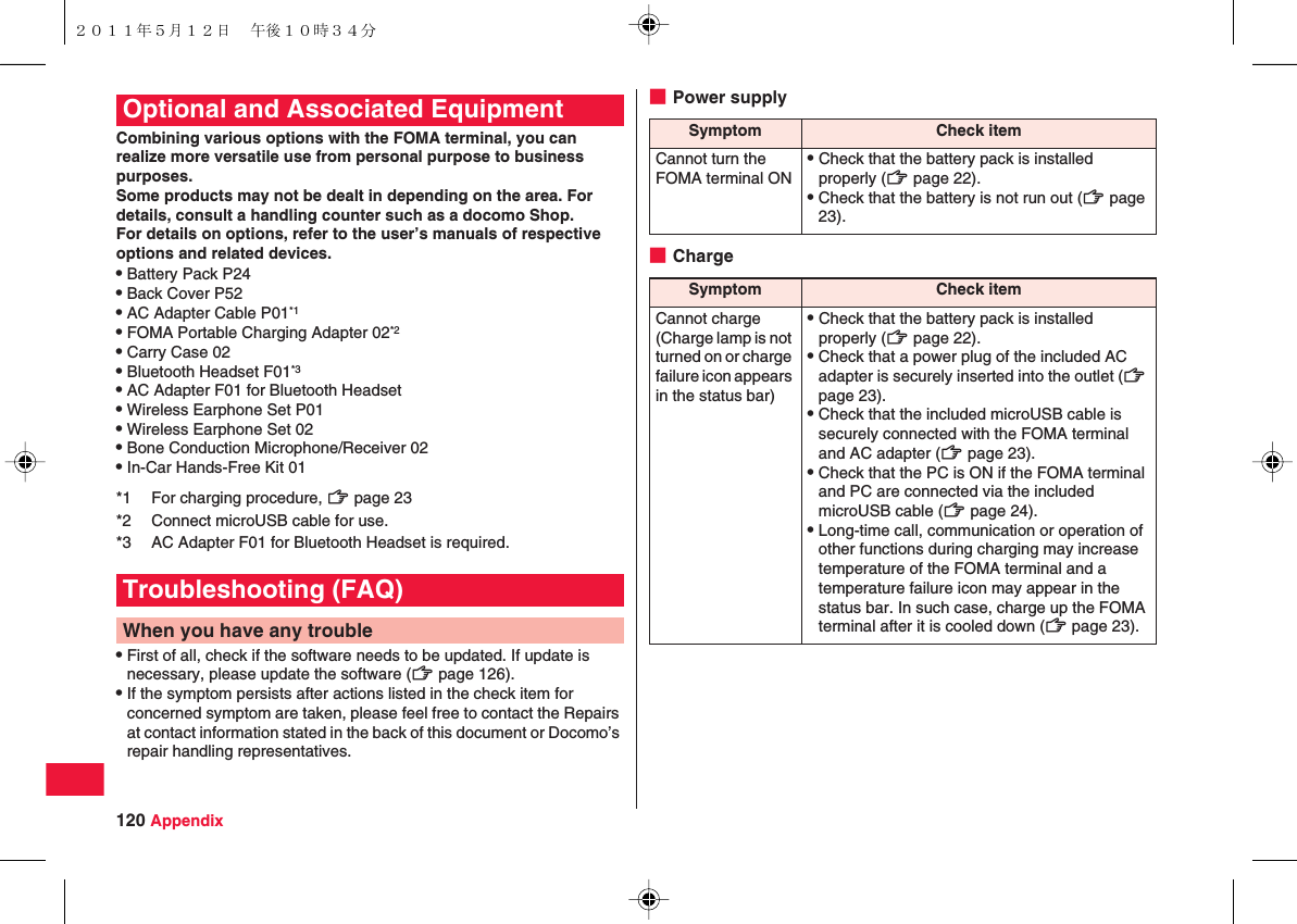 120 AppendixCombining various options with the FOMA terminal, you can realize more versatile use from personal purpose to business purposes.Some products may not be dealt in depending on the area. For details, consult a handling counter such as a docomo Shop.For details on options, refer to the user’s manuals of respective options and related devices.QBattery Pack P24QBack Cover P52QAC Adapter Cable P01*1QFOMA Portable Charging Adapter 02*2QCarry Case 02QBluetooth Headset F01*3QAC Adapter F01 for Bluetooth HeadsetQWireless Earphone Set P01QWireless Earphone Set 02QBone Conduction Microphone/Receiver 02QIn-Car Hands-Free Kit 01QFirst of all, check if the software needs to be updated. If update is necessary, please update the software (zZ page 126).QIf the symptom persists after actions listed in the check item for concerned symptom are taken, please feel free to contact the Repairs at contact information stated in the back of this document or Docomo’s repair handling representatives.Optional and Associated Equipment*1 For charging procedure, zZ page 23*2 Connect microUSB cable for use.*3 AC Adapter F01 for Bluetooth Headset is required.Troubleshooting (FAQ)When you have any trouble■Power supply■ChargeSymptom Check itemCannot turn the FOMA terminal ONQCheck that the battery pack is installed properly (zZ page 22).QCheck that the battery is not run out (zZ page 23).Symptom Check itemCannot charge (Charge lamp is not turned on or charge failure icon appears in the status bar)QCheck that the battery pack is installed properly (zZ page 22).QCheck that a power plug of the included AC adapter is securely inserted into the outlet (zZ page 23).QCheck that the included microUSB cable is securely connected with the FOMA terminal and AC adapter (zZ page 23).QCheck that the PC is ON if the FOMA terminal and PC are connected via the included microUSB cable (zZ page 24).QLong-time call, communication or operation of other functions during charging may increase temperature of the FOMA terminal and a temperature failure icon may appear in the status bar. In such case, charge up the FOMA terminal after it is cooled down (zZ page 23).２０１１年５月１２日 午後１０時３４分