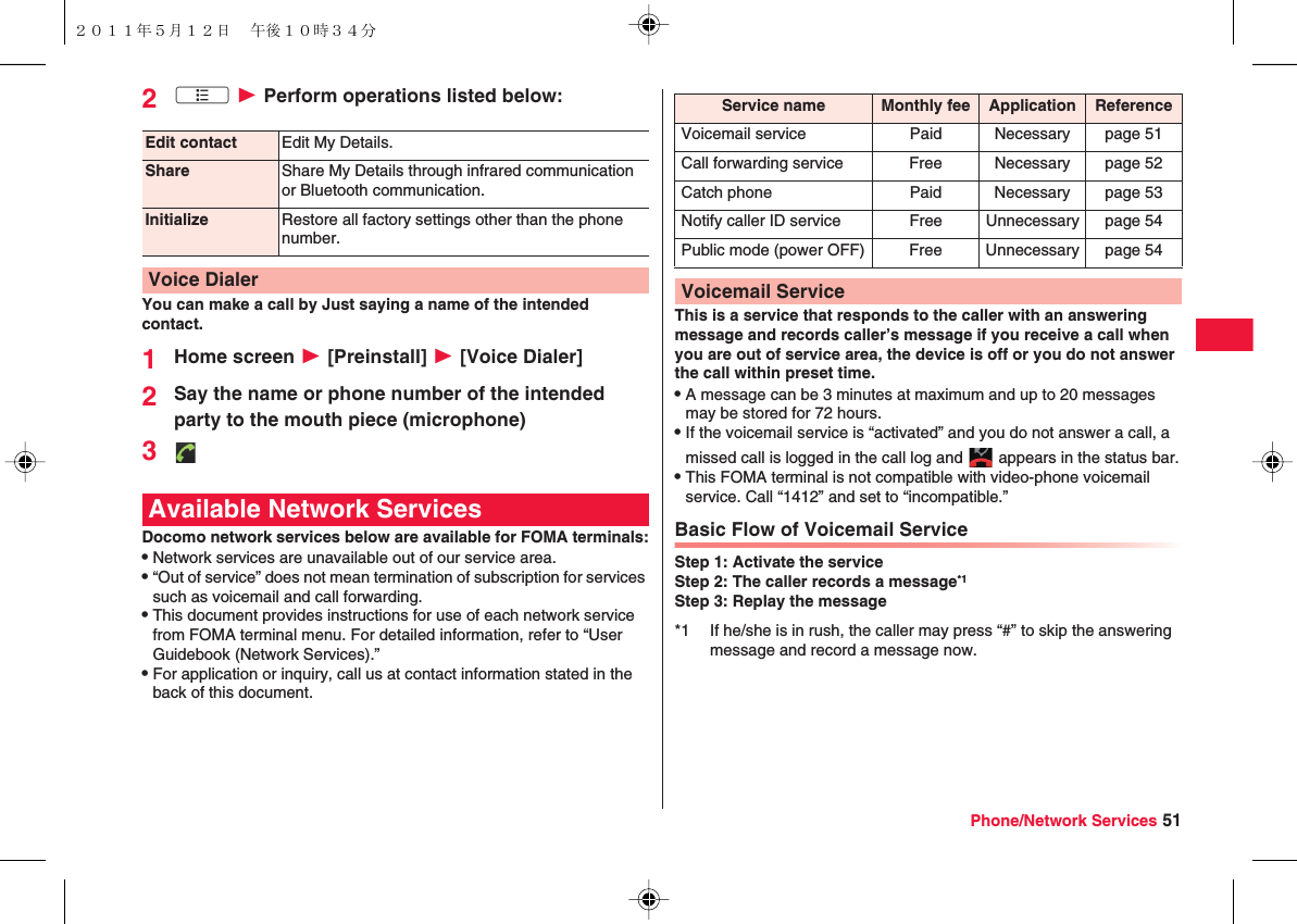Phone/Network Services 512xA W Perform operations listed below:You can make a call by Just saying a name of the intended contact.1Home screen W [Preinstall] W [Voice Dialer]2Say the name or phone number of the intended party to the mouth piece (microphone)3Docomo network services below are available for FOMA terminals:QNetwork services are unavailable out of our service area.Q“Out of service” does not mean termination of subscription for services such as voicemail and call forwarding.QThis document provides instructions for use of each network service from FOMA terminal menu. For detailed information, refer to “User Guidebook (Network Services).”QFor application or inquiry, call us at contact information stated in the back of this document.Edit contact Edit My Details.Share Share My Details through infrared communication or Bluetooth communication.Initialize Restore all factory settings other than the phone number.Voice DialerAvailable Network ServicesThis is a service that responds to the caller with an answering message and records caller’s message if you receive a call when you are out of service area, the device is off or you do not answer the call within preset time.QA message can be 3 minutes at maximum and up to 20 messages may be stored for 72 hours.QIf the voicemail service is “activated” and you do not answer a call, a missed call is logged in the call log and   appears in the status bar.QThis FOMA terminal is not compatible with video-phone voicemail service. Call “1412” and set to “incompatible.”Basic Flow of Voicemail ServiceStep 1: Activate the serviceStep 2: The caller records a message*1Step 3: Replay the messageService name Monthly fee Application ReferenceVoicemail service Paid Necessary page 51Call forwarding service Free Necessary page 52Catch phone Paid Necessary page 53Notify caller ID service Free Unnecessary page 54Public mode (power OFF) Free Unnecessary page 54Voicemail Service*1 If he/she is in rush, the caller may press “#” to skip the answering message and record a message now.２０１１年５月１２日 午後１０時３４分