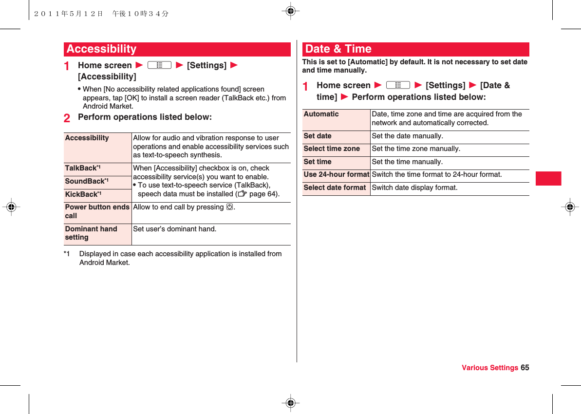 Various Settings 651Home screen W xA W [Settings] W [Accessibility]QWhen [No accessibility related applications found] screen appears, tap [OK] to install a screen reader (TalkBack etc.) from Android Market.2Perform operations listed below:AccessibilityAccessibility Allow for audio and vibration response to user operations and enable accessibility services such as text-to-speech synthesis.TalkBack*1 When [Accessibility] checkbox is on, check accessibility service(s) you want to enable.QTo use text-to-speech service (TalkBack), speech data must be installed (zZ page 64).SoundBack*1KickBack*1Power button ends callAllow to end call by pressing wD.Dominant hand settingSet user’s dominant hand.*1 Displayed in case each accessibility application is installed from Android Market.This is set to [Automatic] by default. It is not necessary to set date and time manually.1Home screen W xA W [Settings] W [Date &amp; time] W Perform operations listed below:Date &amp; TimeAutomatic Date, time zone and time are acquired from the network and automatically corrected.Set date Set the date manually.Select time zone Set the time zone manually.Set time Set the time manually.Use 24-hour format Switch the time format to 24-hour format.Select date format Switch date display format.２０１１年５月１２日 午後１０時３４分
