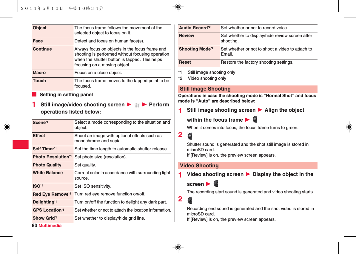 80 Multimedia■ Setting in setting panel1Still image/video shooting screen W  W Perform operations listed below:Object The focus frame follows the movement of the selected object to focus on it.Face Detect and focus on human face(s).Continue Always focus on objects in the focus frame and shooting is performed without focusing operation when the shutter button is tapped. This helps focusing on a moving object.Macro Focus on a close object.Touch The focus frame moves to the tapped point to be focused.Scene*1 Select a mode corresponding to the situation and object.Effect Shoot an image with optional effects such as monochrome and sepia.Self Timer*1 Set the time length to automatic shutter release.Photo Resolution*1 Set photo size (resolution).Photo Quality Set quality.White Balance Correct color in accordance with surrounding light source.ISO*1 Set ISO sensitivity.Red Eye Remove*1 Turn red eye remove function on/off.Delighting*1 Turn on/off the function to delight any dark part.GPS Location*1 Set whether or not to attach the location information.Show Grid*1 Set whether to display/hide grid line.Operations in case the shooting mode is “Normal Shot” and focus mode is “Auto” are described below:1Still image shooting screen W Align the object within the focus frame W When it comes into focus, the focus frame turns to green.2Shutter sound is generated and the shot still image is stored in microSD card.If [Review] is on, the preview screen appears.1Video shooting screen W Display the object in the screen W The recording start sound is generated and video shooting starts.2Recording end sound is generated and the shot video is stored in microSD card.If [Review] is on, the preview screen appears.Audio Record*2 Set whether or not to record voice.Review Set whether to display/hide review screen after shooting.Shooting Mode*2 Set whether or not to shoot a video to attach to Email.Reset Restore the factory shooting settings.*1 Still image shooting only*2 Video shooting onlyStill Image ShootingVideo Shooting２０１１年５月１２日 午後１０時３４分