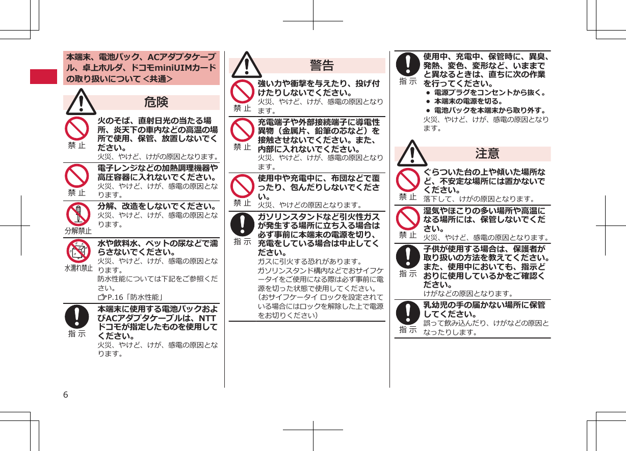 本端末、電池パック、ACアダプタケーブル、卓上ホルダ、ドコモminiUIMカードの取り扱いについて＜共通＞危険禁 止 火のそば、直射日光の当たる場所、炎天下の車内などの高温の場所で使用、保管、放置しないでください。火災、やけど、けがの原因となります。禁 止 電子レンジなどの加熱調理機器や高圧容器に入れないでください。火災、やけど、けが、感電の原因となります。分解禁止 分解、改造をしないでください。火災、やけど、けが、感電の原因となります。水濡れ禁止水や飲料水、ペットの尿などで濡らさないでください。火災、やけど、けが、感電の原因となります。防水性能については下記をご参照ください。ZP.16「防水性能」指 示 本端末に使用する電池パックおよびACアダプタケーブルは、NTTドコモが指定したものを使用してください。火災、やけど、けが、感電の原因となります。警告禁 止 強い力や衝撃を与えたり、投げ付けたりしないでください。火災、やけど、けが、感電の原因となります。禁 止 充電端子や外部接続端子に導電性異物（金属片、鉛筆の芯など）を接触させないでください。また、内部に入れないでください。火災、やけど、けが、感電の原因となります。禁 止 使用中や充電中に、布団などで覆ったり、包んだりしないでください。火災、やけどの原因となります。指 示 ガソリンスタンドなど引火性ガスが発生する場所に立ち入る場合は必ず事前に本端末の電源を切り、充電をしている場合は中止してください。ガスに引火する恐れがあります。ガソリンスタンド構内などでおサイフケータイをご使用になる際は必ず事前に電源を切った状態で使用してください。（おサイフケータイ ロックを設定されている場合にはロックを解除した上で電源をお切りください）指 示 使用中、充電中、保管時に、異臭、発熱、変色、変形など、いままでと異なるときは、直ちに次の作業を行ってください。• 電源プラグをコンセントから抜く。•  本端末の電源を切る。•  電池パックを本端末から取り外す。火災、やけど、けが、感電の原因となります。注意禁 止 ぐらついた台の上や傾いた場所など、不安定な場所には置かないでください。落下して、けがの原因となります。禁 止 湿気やほこりの多い場所や高温になる場所には、保管しないでください。火災、やけど、感電の原因となります。指 示 子供が使用する場合は、保護者が取り扱いの方法を教えてください。また、使用中においても、指示どおりに使用しているかをご確認ください。けがなどの原因となります。指 示 乳幼児の手の届かない場所に保管してください。誤って飲み込んだり、けがなどの原因となったりします。6