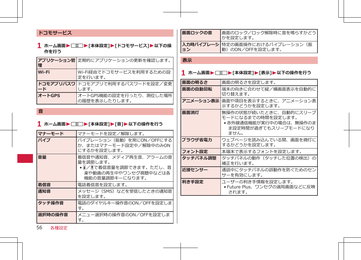 ドコモサービス1 ホーム画面WAW[本体設定]W[ドコモサービス]W以下の操作を行うアプリケーション管理定期的にアプリケーションの更新を確認します。Wi-Fi Wi-Fi経由でドコモサービスを利用するための設定を行います。ドコモアプリパスワードドコモアプリで利用するパスワードを設定／変更します。オートGPS オートGPS機能の設定を行ったり、測位した場所の履歴を表示したりします。音1 ホーム画面WAW[本体設定]W[音]W以下の操作を行うマナーモード マナーモードを設定／解除します。バイブ バイブレーション（振動）を常にON／OFFにするか、またはマナーモード設定中／解除中のみONにするかを設定します。音量 着信音や通知音、メディア再生音、アラームの音量を調節します。•E／Fで着信音量を調節できます。ただし、音楽や動画の再生中やワンセグ視聴中などは各機能の音量調節キーになります。着信音 電話着信音を設定します。通知音 メッセージ（SMS）などを受信したときの通知音を設定します。タッチ操作音 電話のダイヤルキー操作音のON／OFFを設定します。選択時の操作音 メニュー選択時の操作音のON／OFFを設定します。画面ロックの音 画面のロック／ロック解除時に音を鳴らすかどうかを設定します。入力時バイブレーション特定の画面操作におけるバイブレーション（振動）のON／OFFを設定します。表示1 ホーム画面WAW[本体設定]W[表示]W以下の操作を行う画面の明るさ 画面の明るさを設定します。画面の自動回転 端末の向きに合わせて縦／横画面表示を自動的に切り替えます。アニメーション表示 画面や項目を表示するときに、アニメーション表示するかどうかを設定します。画面消灯 無操作の状態が続いたときに、自動的にスリープモードになるまでの時間を設定します。•赤外線通信機能が実行中の場合は、無操作のまま設定時間が過ぎてもスリープモードになりません。ブラウザ省電力 ウェブページを読み込んでいる間、画面を微灯にするかどうかを設定します。フォント設定 本端末で表示するフォントを設定します。タッチパネル調整 タッチパネルの動作（タッチした位置の検出）の補正を行います。近接センサー 通話中にタッチパネルの誤動作を防ぐためのセンサーを有効にします。利き手設定 ユーザーの利き手情報を設定します。•Future Plus、ワンセグの選局画面などに反映されます。各種設定56