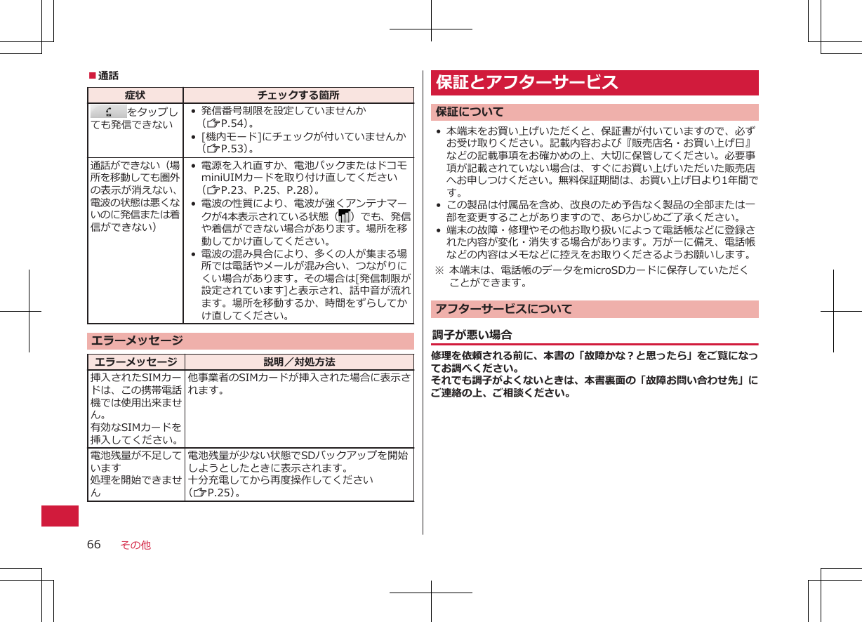 ■通話症状 チェックする箇所をタップしても発信できない• 発信番号制限を設定していませんか（ZP.54）。•[機内モード]にチェックが付いていませんか（ZP.53）。通話ができない（場所を移動しても圏外の表示が消えない、電波の状態は悪くないのに発信または着信ができない）• 電源を入れ直すか、電池パックまたはドコモminiUIMカードを取り付け直してください（ZP.23、P.25、P.28）。• 電波の性質により、電波が強くアンテナマークが4本表示されている状態（ ）でも、発信や着信ができない場合があります。場所を移動してかけ直してください。•電波の混み具合により、多くの人が集まる場所では電話やメールが混み合い、つながりにくい場合があります。その場合は[発信制限が設定されています]と表示され、話中音が流れます。場所を移動するか、時間をずらしてかけ直してください。エラーメッセージエラーメッセージ 説明／対処方法挿入されたSIMカードは、この携帯電話機では使用出来ません。有効なSIMカードを挿入してください。他事業者のSIMカードが挿入された場合に表示されます。電池残量が不足しています処理を開始できません電池残量が少ない状態でSDバックアップを開始しようとしたときに表示されます。十分充電してから再度操作してください（ZP.25）。保証とアフターサービス保証について• 本端末をお買い上げいただくと、保証書が付いていますので、必ずお受け取りください。記載内容および『販売店名・お買い上げ日』などの記載事項をお確かめの上、大切に保管してください。必要事項が記載されていない場合は、すぐにお買い上げいただいた販売店へお申しつけください。無料保証期間は、お買い上げ日より1年間です。•この製品は付属品を含め、改良のため予告なく製品の全部または一部を変更することがありますので、あらかじめご了承ください。•端末の故障・修理やその他お取り扱いによって電話帳などに登録された内容が変化・消失する場合があります。万が一に備え、電話帳などの内容はメモなどに控えをお取りくださるようお願いします。※ 本端末は、電話帳のデータをmicroSDカードに保存していただくことができます。アフターサービスについて調子が悪い場合修理を依頼される前に、本書の「故障かな？と思ったら」をご覧になってお調べください。それでも調子がよくないときは、本書裏面の「故障お問い合わせ先」にご連絡の上、ご相談ください。その他66