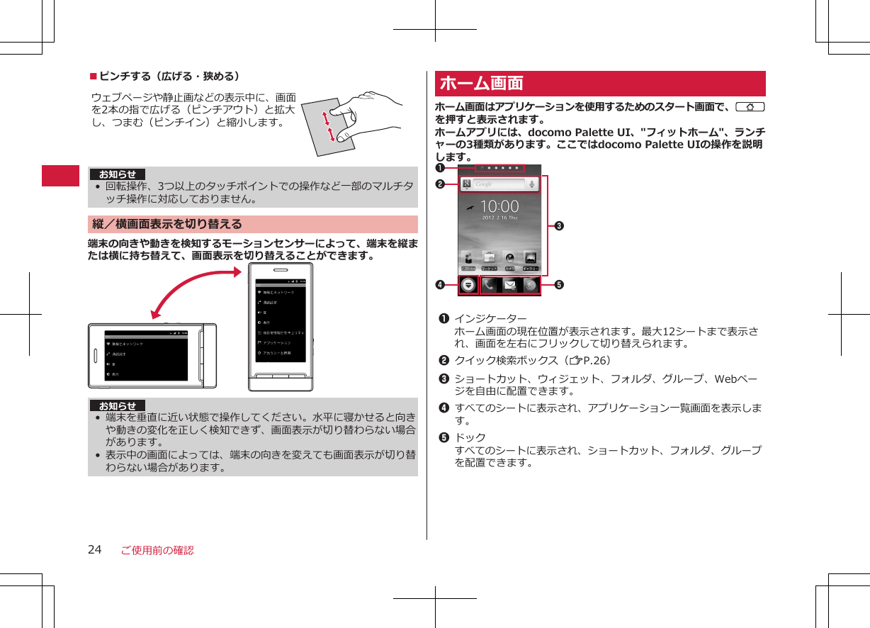 ■ピンチする（広げる・狭める）ウェブページや静止画などの表示中に、画面を2本の指で広げる（ピンチアウト）と拡大し、つまむ（ピンチイン）と縮小します。お知らせ• 回転操作、3つ以上のタッチポイントでの操作など一部のマルチタッチ操作に対応しておりません。縦／横画面表示を切り替える 端末の向きや動きを検知するモーションセンサーによって、端末を縦または横に持ち替えて、画面表示を切り替えることができます。お知らせ•端末を垂直に近い状態で操作してください。水平に寝かせると向きや動きの変化を正しく検知できず、画面表示が切り替わらない場合があります。•表示中の画面によっては、端末の向きを変えても画面表示が切り替わらない場合があります。ホーム画面ホーム画面はアプリケーションを使用するためのスタート画面で、Bを押すと表示されます。ホームアプリには、docomo Palette UI、&quot;フィットホーム&quot;、ランチャーの3種類があります。ここではdocomo Palette UIの操作を説明します。4 5213 1インジケーターホーム画面の現在位置が表示されます。最大12シートまで表示され、画面を左右にフリックして切り替えられます。2クイック検索ボックス（ZP.26）3ショートカット、ウィジェット、フォルダ、グループ、Webページを自由に配置できます。4すべてのシートに表示され、アプリケーション一覧画面を表示します。5ドックすべてのシートに表示され、ショートカット、フォルダ、グループを配置できます。ご使用前の確認24