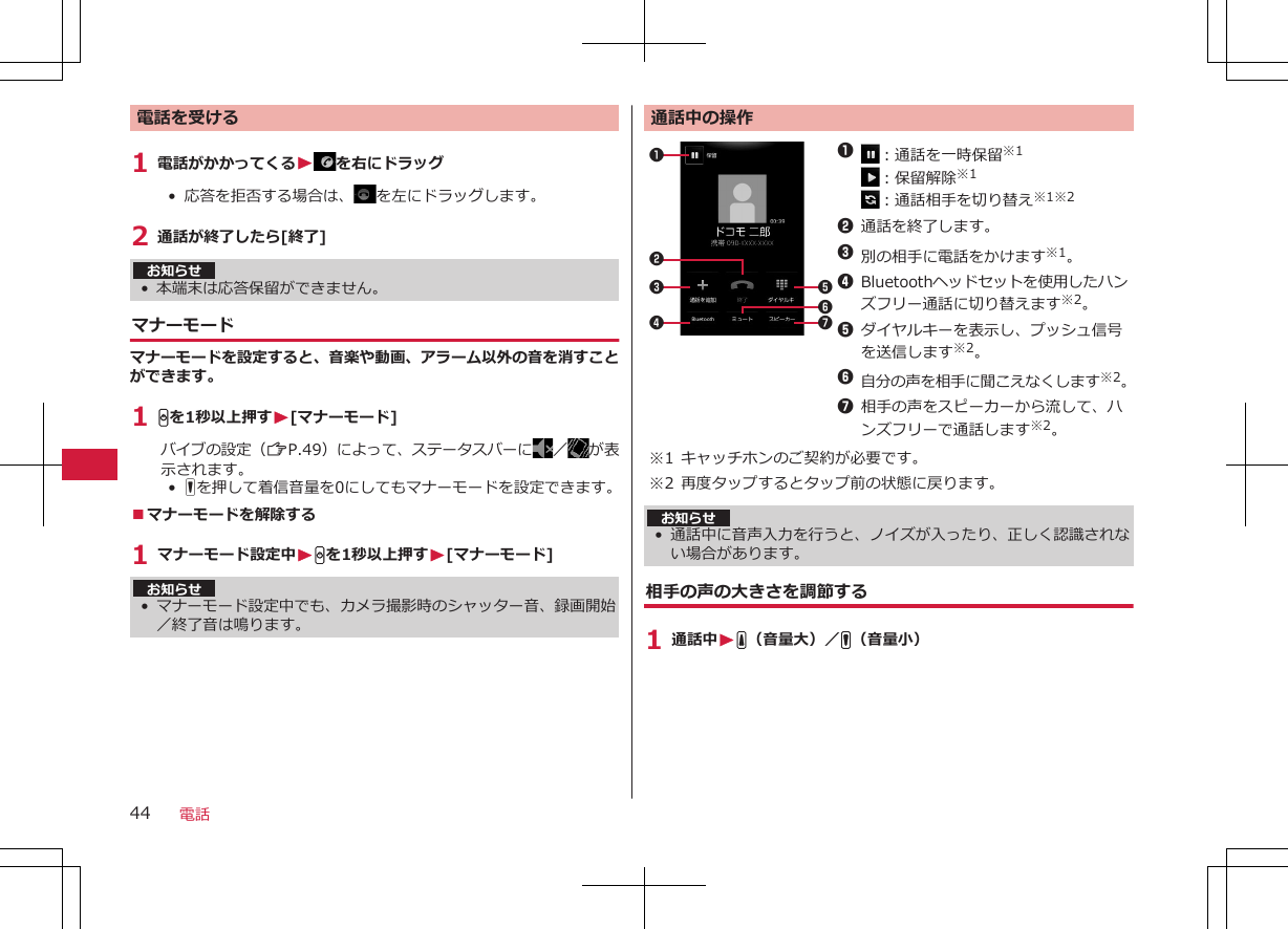 電話を受ける1 電話がかかってくるWを右にドラッグ•  応答を拒否する場合は、 を左にドラッグします。2 通話が終了したら[終了]お知らせ• 本端末は応答保留ができません。マナーモードマナーモードを設定すると、音楽や動画、アラーム以外の音を消すことができます。1 Hを1秒以上押すW[マナーモード]バイブの設定（ZP.49）によって、ステータスバーに ／が表示されます。•  Fを押して着信音量を0にしてもマナーモードを設定できます。■マナーモードを解除する1 マナーモード設定中WHを1秒以上押すW[マナーモード]お知らせ•マナーモード設定中でも、カメラ撮影時のシャッター音、録画開始／終了音は鳴ります。通話中の操作12346751：通話を一時保留※1：保留解除※1：通話相手を切り替え※1※22通話を終了します。3別の相手に電話をかけます※1。4Bluetoothヘッドセットを使用したハンズフリー通話に切り替えます※2。5ダイヤルキーを表示し、プッシュ信号を送信します※2。6自分の声を相手に聞こえなくします※2。7相手の声をスピーカーから流して、ハンズフリーで通話します※2。※1 キャッチホンのご契約が必要です。※2 再度タップするとタップ前の状態に戻ります。お知らせ•通話中に音声入力を行うと、ノイズが入ったり、正しく認識されない場合があります。相手の声の大きさを調節する1 通話中WE（音量大）／F（音量小）電話44