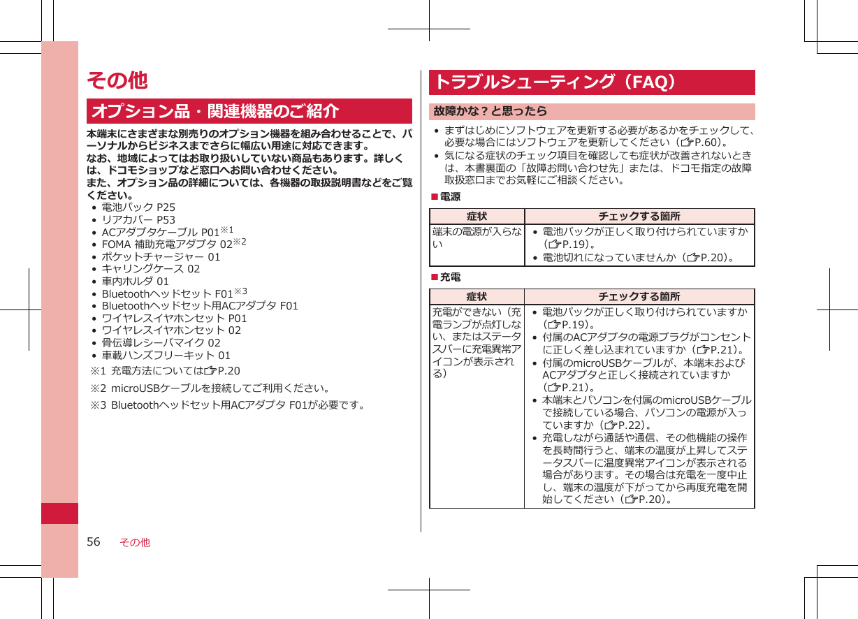 その他オプション品・関連機器のご紹介本端末にさまざまな別売りのオプション機器を組み合わせることで、パーソナルからビジネスまでさらに幅広い用途に対応できます。なお、地域によってはお取り扱いしていない商品もあります。詳しくは、ドコモショップなど窓口へお問い合わせください。また、オプション品の詳細については、各機器の取扱説明書などをご覧ください。• 電池パック P25• リアカバー P53• ACアダプタケーブル P01※1• FOMA 補助充電アダプタ 02※2• ポケットチャージャー 01• キャリングケース 02• 車内ホルダ 01• Bluetoothヘッドセット F01※3• Bluetoothヘッドセット用ACアダプタ F01• ワイヤレスイヤホンセット P01• ワイヤレスイヤホンセット 02• 骨伝導レシーバマイク 02• 車載ハンズフリーキット 01※1 充電方法についてはZP.20※2 microUSBケーブルを接続してご利用ください。※3 Bluetoothヘッドセット用ACアダプタ F01が必要です。トラブルシューティング（FAQ）故障かな？と思ったら•まずはじめにソフトウェアを更新する必要があるかをチェックして、必要な場合にはソフトウェアを更新してください（ZP.60）。• 気になる症状のチェック項目を確認しても症状が改善されないときは、本書裏面の「故障お問い合わせ先」または、ドコモ指定の故障取扱窓口までお気軽にご相談ください。■電源症状 チェックする箇所端末の電源が入らない• 電池パックが正しく取り付けられていますか（ZP.19）。• 電池切れになっていませんか（ZP.20）。■充電症状 チェックする箇所充電ができない（充電ランプが点灯しない、またはステータスバーに充電異常アイコンが表示される）• 電池パックが正しく取り付けられていますか（ZP.19）。• 付属のACアダプタの電源プラグがコンセントに正しく差し込まれていますか（ZP.21）。• 付属のmicroUSBケーブルが、本端末およびACアダプタと正しく接続されていますか（ZP.21）。•本端末とパソコンを付属のmicroUSBケーブルで接続している場合、パソコンの電源が入っていますか（ZP.22）。• 充電しながら通話や通信、その他機能の操作を長時間行うと、端末の温度が上昇してステータスバーに温度異常アイコンが表示される場合があります。その場合は充電を一度中止し、端末の温度が下がってから再度充電を開始してください（ZP.20）。その他56