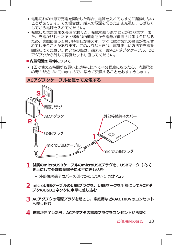 •電池切れの状態で充電を開始した場合、電源を入れてもすぐに起動しないことがあります。その場合は、端末の電源を切ったまま充電し、しばらくしてから電源を入れてください。•充電したまま端末を長時間おくと、充電を繰り返すことがあります。また、充電が終わったあと端末は内蔵電池から電源が供給されるようになるため、実際に使うと短い時間しか使えず、すぐに電池切れの警告が表示されてしまうことがあります。このようなときは、再度正しい方法で充電を開始してください。再充電の際は、端末を一度ACアダプタケーブル、DCアダプタから外して再度セットし直してください。■内蔵電池の寿命について•1回で使える時間がお買い上げ時に比べて半分程度になったら、内蔵電池の寿命が近づいていますので、早めに交換することをおすすめします。ACアダプタケーブルを使って充電するACアダプタ電源プラグUSBプラグ321microUSBプラグmicroUSBケーブル外部接続端子カバー1 付属のmicroUSBケーブルのmicroUSBプラグを、USBマーク（ ）を上にして外部接続端子に水平に差し込む• 外部接続端子カバーの開けかたについてはZP.252 microUSBケーブルのUSBプラグを、USBマークを手前にしてACアダプタのUSBコネクタに水平に差し込む3 ACアダプタの電源プラグを起こし、家庭用などのAC100Vのコンセントへ差し込む4 充電が完了したら、ACアダプタの電源プラグをコンセントから抜くご使用前の確認 33