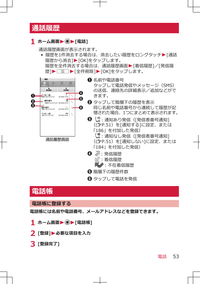 通話履歴1 ホーム画面W W[電話]通話履歴画面が表示されます。• 履歴を1件消去する場合は、消去したい履歴をロングタッチW[通話履歴から消去]W[OK]をタップします。履歴を全件消去する場合は、通話履歴画面W[着信履歴]／[発信履歴]WAW[全件削除]W[OK]をタップします。通話履歴画面1326451名前や電話番号タップして電話発信やメッセージ（SMS）の送信、連絡先の詳細表示／追加などができます。2タップして階層下の履歴を表示同じ名前や電話番号から連続して履歴が記憶された場合、1つにまとめて表示されます。3  ：通知あり発信（[発信者番号通知]（ZP.51）を[通知する]に設定、または「186」を付加した発信） ：通知なし発信（[発信者番号通知]（ZP.51）を[通知しない]に設定、または「184」を付加した発信）4  ：発信履歴 ：着信履歴  ：不在着信履歴5階層下の履歴件数6タップして電話を発信電話帳電話帳に登録する電話帳には名前や電話番号、メールアドレスなどを登録できます。1 ホーム画面WW[電話帳]2 [登録]W必要な項目を入力3 [登録完了]電話 53