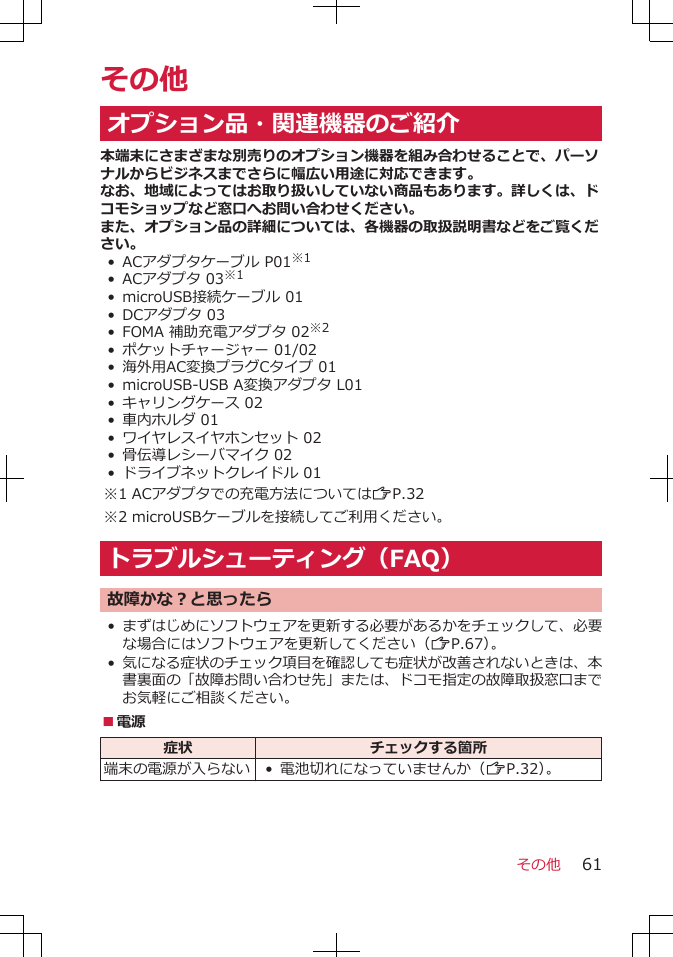 その他オプション品・関連機器のご紹介本端末にさまざまな別売りのオプション機器を組み合わせることで、パーソナルからビジネスまでさらに幅広い用途に対応できます。なお、地域によってはお取り扱いしていない商品もあります。詳しくは、ドコモショップなど窓口へお問い合わせください。また、オプション品の詳細については、各機器の取扱説明書などをご覧ください。•ACアダプタケーブル P01※1•ACアダプタ 03※1•microUSB接続ケーブル 01• DCアダプタ 03•FOMA 補助充電アダプタ 02※2•ポケットチャージャー 01/02•海外用AC変換プラグCタイプ 01•microUSB-USB A変換アダプタ L01•キャリングケース 02•車内ホルダ 01•ワイヤレスイヤホンセット 02•骨伝導レシーバマイク 02•ドライブネットクレイドル 01※1 ACアダプタでの充電方法についてはZP.32※2 microUSBケーブルを接続してご利用ください。トラブルシューティング（FAQ）故障かな？と思ったら•まずはじめにソフトウェアを更新する必要があるかをチェックして、必要な場合にはソフトウェアを更新してください（ZP.67）。•気になる症状のチェック項目を確認しても症状が改善されないときは、本書裏面の「故障お問い合わせ先」または、ドコモ指定の故障取扱窓口までお気軽にご相談ください。■電源症状 チェックする箇所端末の電源が入らない • 電池切れになっていませんか（ZP.32）。その他 61