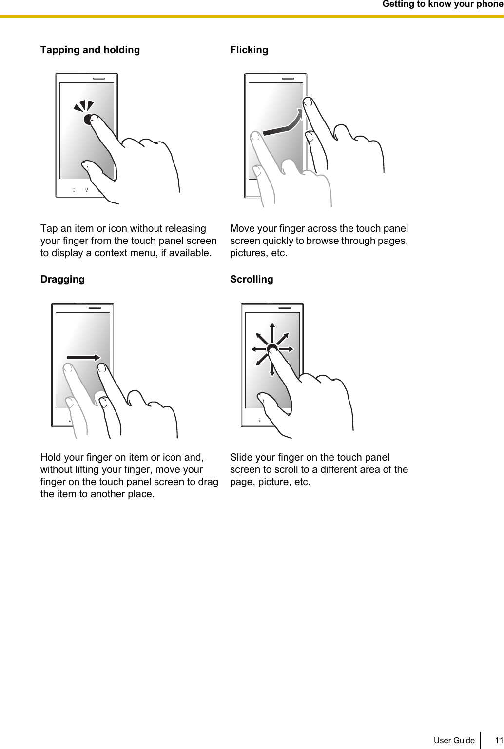 Tapping and holding FlickingTap an item or icon without releasingyour finger from the touch panel screento display a context menu, if available.Move your finger across the touch panelscreen quickly to browse through pages,pictures, etc.Dragging ScrollingHold your finger on item or icon and,without lifting your finger, move yourfinger on the touch panel screen to dragthe item to another place.Slide your finger on the touch panelscreen to scroll to a different area of thepage, picture, etc.User Guide 11Getting to know your phone