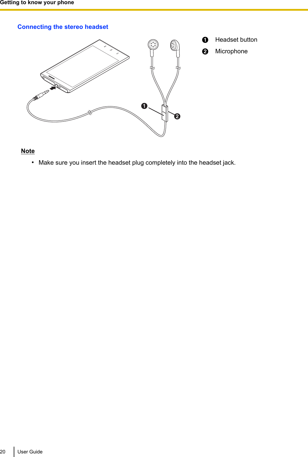 Connecting the stereo headsetBAAHeadset buttonBMicrophoneNote•Make sure you insert the headset plug completely into the headset jack.20 User GuideGetting to know your phone