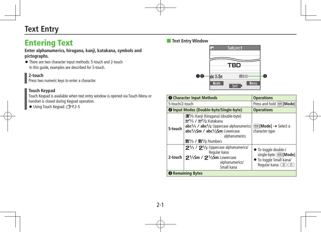 2-1Entering TextEnter alphanumerics, hiragana, kanji, katakana, symbols and pictographs. ⿟There are two character input methods: 5-touch and 2-touch In this guide, examples are described for 5-touch.2-touchPress two numeric keys to enter a character.Touch KeypadTouch Keypad is available when text entry window is opened via Touch Menu or handset is closed during Keypad operation. ⿟Using Touch Keypad: ZP.2-5 ■Text Entry Window󱄌󰝟 Character Input Methods Operations5-touch/2-touch Press and hold A[Mode]󱄌󰝠 Input Modes (Double-byte/Single-byte) Operations5-touch1/1: Kanji (hiragana) (double-byte)1/11/2: Katakanaabc1/1abc1/2:  Uppercase alphanumericsabc1/1Smabc1/2Sm:  Lowercase alphanumerics1/11/2: NumbersA[Mode] 7 Select a character type2-touch1/1 1/2:  Uppercase alphanumerics/Regular kana1/1Sm 1/2Sm:  Lowercase alphanumerics/Small kana ⿟To toggle double-/single-byte: A[Mode] ⿟To toggle Small kana/Regular kana: IP󱄌󰝡 Remaining BytesText Entry󰝟󰝠 󰝡TBD