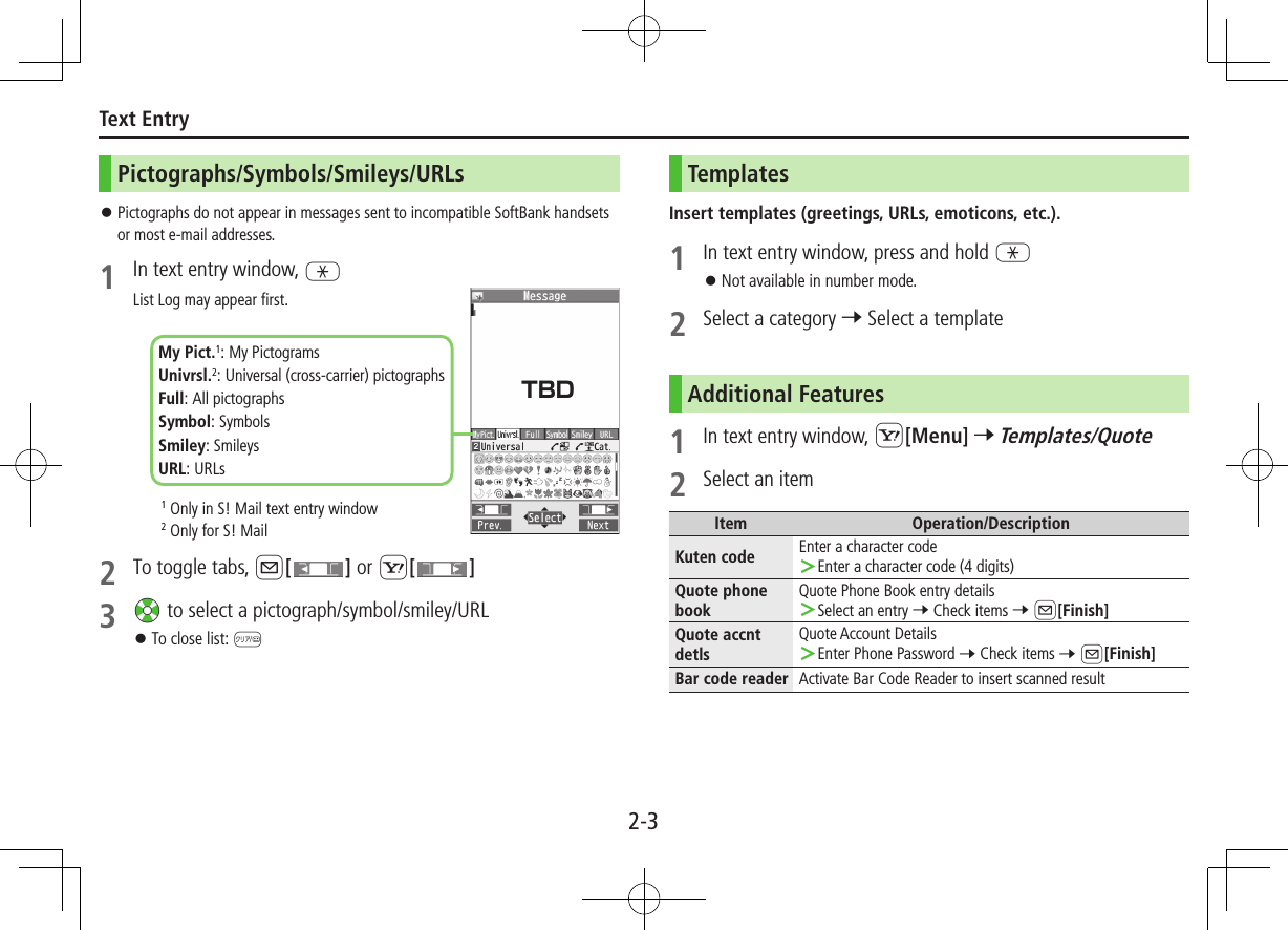 2-3Text EntryPictographs/Symbols/Smileys/URLs ⿟Pictographs do not appear in messages sent to incompatible SoftBank handsets or most e-mail addresses.1 In text entry window, GList Log may appear first.1 Only in S! Mail text entry window2 Only for S! Mail2  To toggle tabs, A[] or S[]3 Xz to select a pictograph/symbol/smiley/URL ⿟To close list: KTemplatesInsert templates (greetings, URLs, emoticons, etc.).1  In text entry window, press and hold G ⿟Not available in number mode.2  Select a category 7 Select a templateAdditional Features1  In text entry window, S[Menu] 7 Templates/Quote2  Select an itemItem Operation/DescriptionKuten code Enter a character code ＞Enter a character code (4 digits)Quote phone bookQuote Phone Book entry details ＞Select an entry 7 Check items 7 A[Finish] Quote accnt detlsQuote Account Details ＞Enter Phone Password 7 Check items 7 A[Finish]Bar code reader Activate Bar Code Reader to insert scanned resultMy Pict.1: My PictogramsUnivrsl.2:  Universal (cross-carrier) pictographsFull: All pictographsSymbol: SymbolsSmiley: SmileysURL: URLsTBD