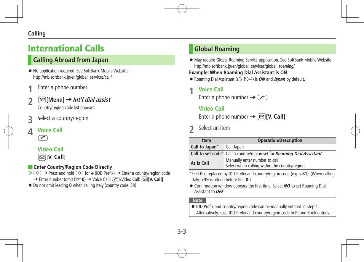 3-3CallingInternational CallsCalling Abroad from Japan ⿟No application required. See SoftBank Mobile Website: http://mb.softbank.jp/en/global_services/call/1  Enter a phone number2 S[Menu] 7 Int&apos;l dial assistCountry/region code list appears.3  Select a country/region4  Voice CallJ  Video CallA[V. Call] ■Enter Country/Region Code Directly ＞P 7 Press and hold P for + (IDD Prefix) 7 Enter a country/region code 7 Enter number (omit first 0) 7 Voice Call: J/Video Call: A[V. Call] ⿟Do not omit leading 0 when calling Italy (country code: 39).Global Roaming ⿟May require Global Roaming Service application. See SoftBank Mobile Website:http://mb.softbank.jp/en/global_services/global_roaming/Example: When Roaming Dial Assistant is ON ⿟Roaming Dial Assistant (ZP.3-4) is ON and Japan by default.1  Voice CallEnter a phone number 7 J  Video CallEnter a phone number 7 A[V. Call]2  Select an itemItem Operation/DescriptionCall to Japan* Call Japan Call to set code* Call a country/region set for Roaming Dial AssistantAs is Call Manually enter number to callSelect when calling within the country/region* First 0 is replaced by IDD Prefix and country/region code (e.g. +81). (When calling Italy, +39 is added before first 0.) ⿟Confirmation window appears the first time. Select NO to set Roaming Dial Assistant to OFF.Note ⿟IDD Prefix and country/region code can be manually entered in Step 1. Alternatively, save IDD Prefix and country/region code in Phone Book entries.