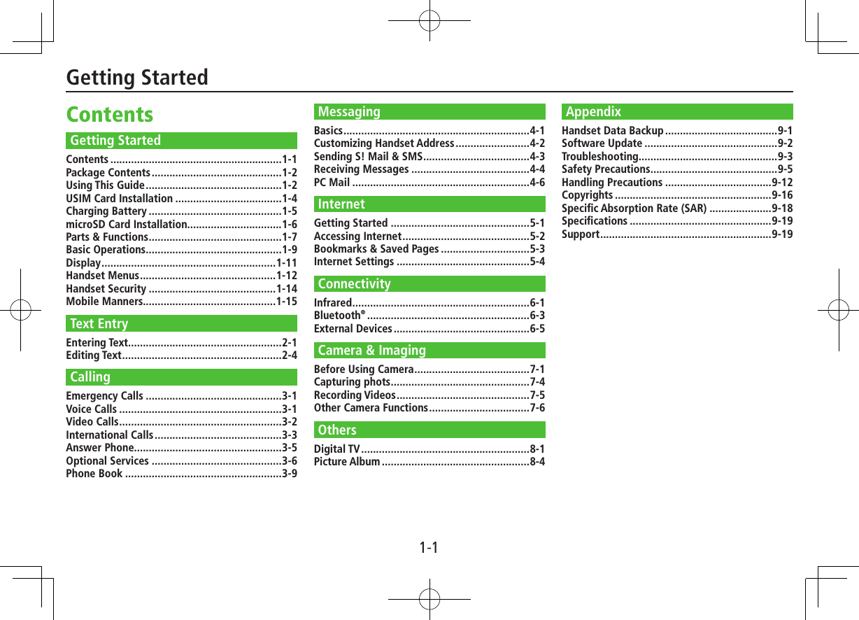 1-1ContentsGetting StartedGetting StartedContents ..........................................................1-1Package Contents ............................................1-2Using This Guide ..............................................1-2USIM Card Installation ....................................1-4Charging Battery .............................................1-5microSD Card Installation................................1-6Parts &amp; Functions .............................................1-7Basic Operations ..............................................1-9Display ...........................................................1-11Handset Menus ..............................................1-12Handset Security ...........................................1-14Mobile Manners.............................................1-15Text EntryEntering Text ....................................................2-1Editing Text ......................................................2-4CallingEmergency Calls ..............................................3-1Voice Calls .......................................................3-1Video Calls .......................................................3-2International Calls ...........................................3-3Answer Phone..................................................3-5Optional Services ............................................3-6Phone Book .....................................................3-9MessagingBasics ...............................................................4-1Customizing Handset Address .........................4-2Sending S! Mail &amp; SMS ....................................4-3Receiving Messages ........................................4-4PC Mail ............................................................4-6InternetGetting Started ...............................................5-1Accessing Internet ...........................................5-2Bookmarks &amp; Saved Pages ..............................5-3Internet Settings .............................................5-4ConnectivityInfrared ............................................................6-1Bluetooth® .......................................................6-3External Devices ..............................................6-5Camera &amp; ImagingBefore Using Camera .......................................7-1Capturing phots ...............................................7-4Recording Videos .............................................7-5Other Camera Functions ..................................7-6OthersDigital TV .........................................................8-1Picture Album ..................................................8-4AppendixHandset Data Backup ......................................9-1Software Update .............................................9-2Troubleshooting ...............................................9-3Safety Precautions ...........................................9-5Handling Precautions ....................................9-12Copyrights .....................................................9-16Speciﬁc Absorption Rate (SAR) .....................9-18Speciﬁcations ................................................9-19Support ..........................................................9-19 