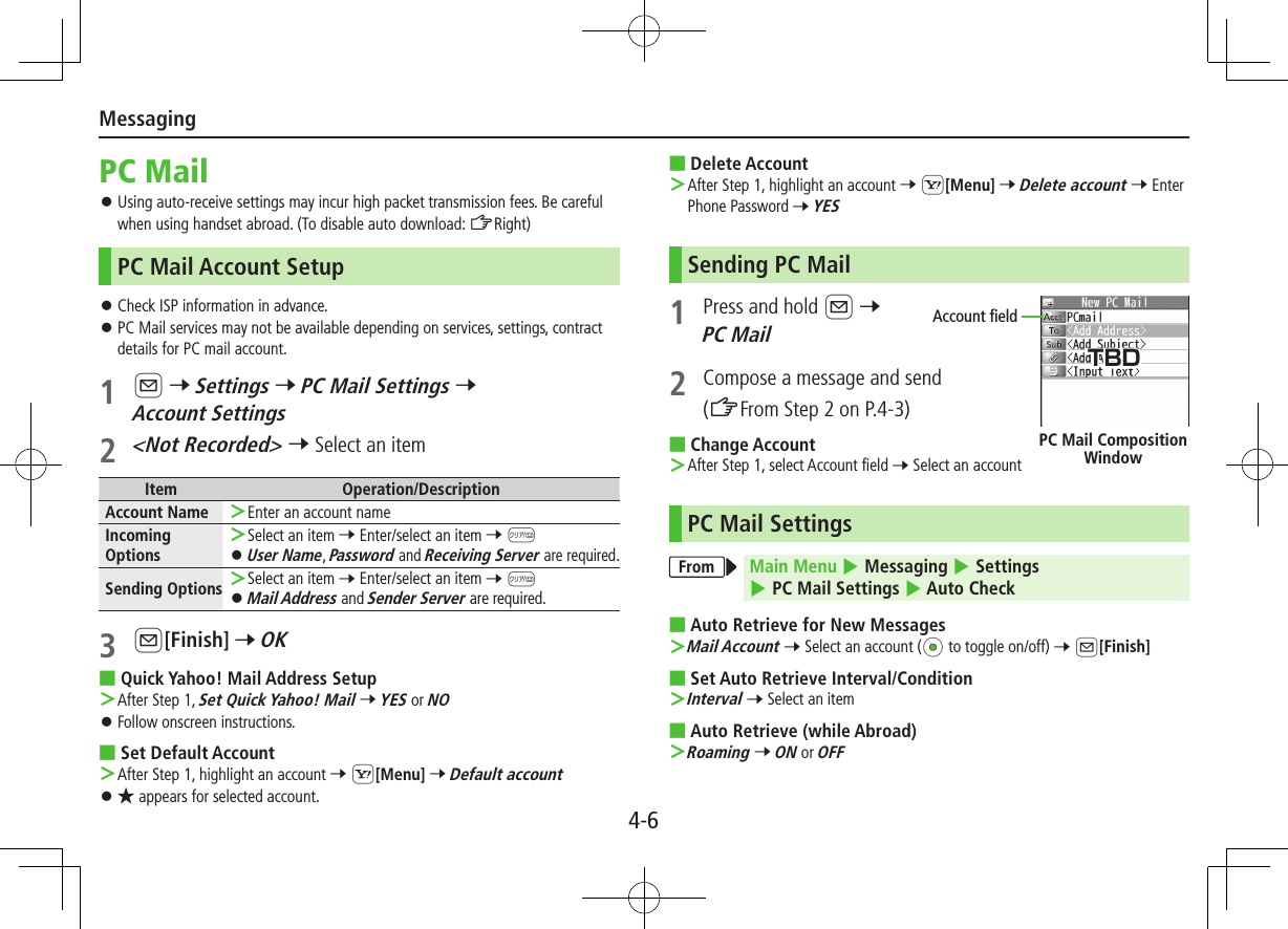 Messaging4-6PC Mail ⿟Using auto-receive settings may incur high packet transmission fees. Be careful when using handset abroad. (To disable auto download: ZRight)PC Mail Account Setup ⿟Check ISP information in advance. ⿟PC Mail services may not be available depending on services, settings, contract details for PC mail account.1 A 7 Settings 7 PC Mail Settings 7 Account Settings2 &lt;Not Recorded&gt; 7 Select an itemItem Operation/DescriptionAccount Name  ＞Enter an account nameIncoming Options ＞Select an item 7 Enter/select an item 7 K ⿟User Name, Password and Receiving Server are required.Sending Options  ＞Select an item 7 Enter/select an item 7 K ⿟Mail Address and Sender Server are required. 3 A[Finish] 7 OK ■Quick Yahoo! Mail Address Setup ＞After Step 1, Set Quick Yahoo! Mail 7 YES or NO ⿟Follow onscreen instructions. ■Set Default Account ＞After Step 1, highlight an account 7 S[Menu] 7 Default account ⿟★ appears for selected account. ■Delete Account ＞After Step 1, highlight an account 7 S[Menu] 7 Delete account 7 Enter Phone Password 7 YES Sending PC Mail1  Press and hold A 7 PC Mail2  Compose a message and send(ZFrom Step 2 on P.4-3) ■Change Account ＞After Step 1, select Account field 7 Select an accountPC Mail SettingsFrom Main Menu 4 Messaging 4 Settings 4 PC Mail Settings 4 Auto Check ■Auto Retrieve for New Messages ＞Mail Account 7 Select an account (*z to toggle on/off) 7 A[Finish] ■Set Auto Retrieve Interval/Condition ＞Interval 7 Select an item ■Auto Retrieve (while Abroad) ＞Roaming 7 ON or OFFAccount fieldPC Mail Composition WindowTBD