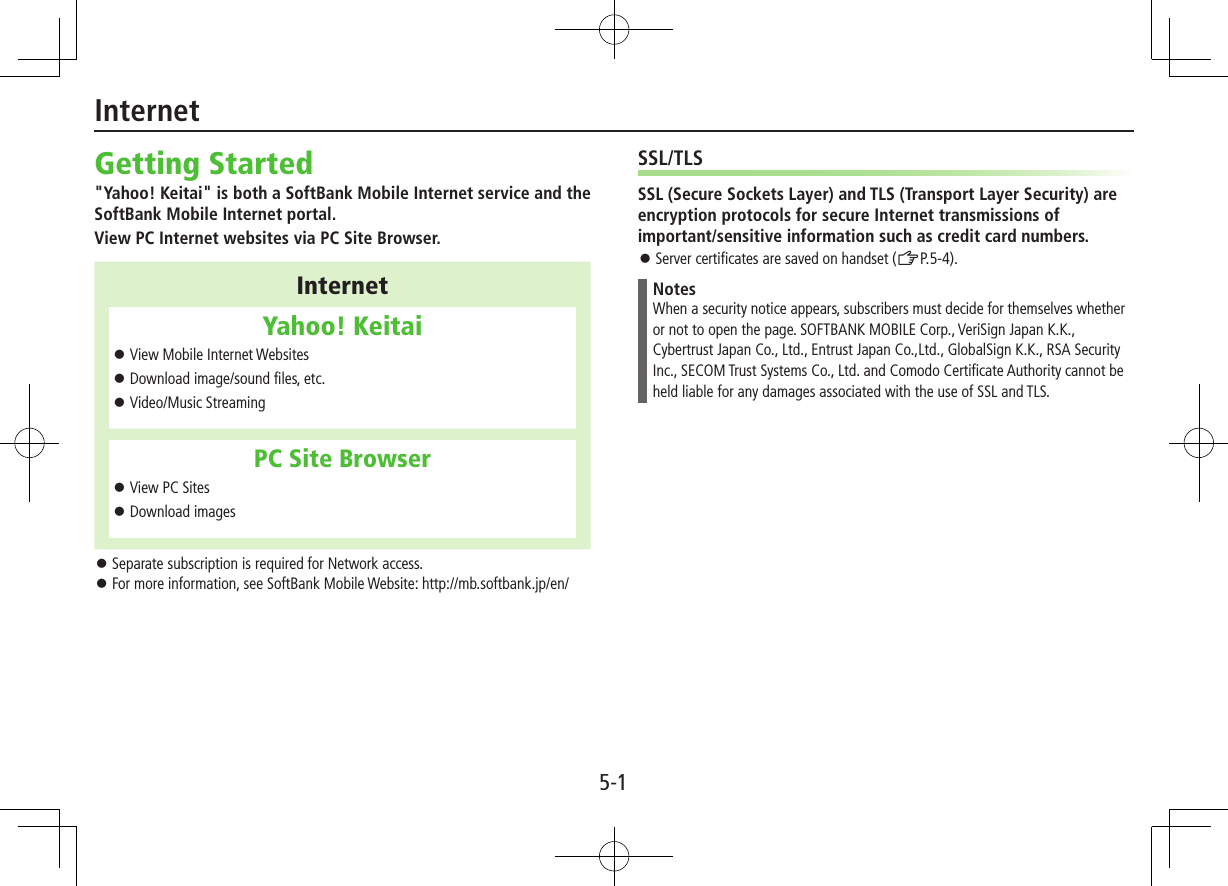 5-1Getting Started&quot;Yahoo! Keitai&quot; is both a SoftBank Mobile Internet service and the SoftBank Mobile Internet portal.View PC Internet websites via PC Site Browser.InternetYahoo! Keitai ⿟View Mobile Internet Websites ⿟Download image/sound files, etc. ⿟Video/Music StreamingPC Site Browser ⿟View PC Sites ⿟Download images ⿟Separate subscription is required for Network access. ⿟For more information, see SoftBank Mobile Website: http://mb.softbank.jp/en/SSL/TLSSSL (Secure Sockets Layer) and TLS (Transport Layer Security) are encryption protocols for secure Internet transmissions of important/sensitive information such as credit card numbers. ⿟Server certificates are saved on handset (ZP.5-4).NotesWhen a security notice appears, subscribers must decide for themselves whether or not to open the page. SOFTBANK MOBILE Corp., VeriSign Japan K.K., Cybertrust Japan Co., Ltd., Entrust Japan Co.,Ltd., GlobalSign K.K., RSA Security Inc., SECOM Trust Systems Co., Ltd. and Comodo Certificate Authority cannot be held liable for any damages associated with the use of SSL and TLS.Internet
