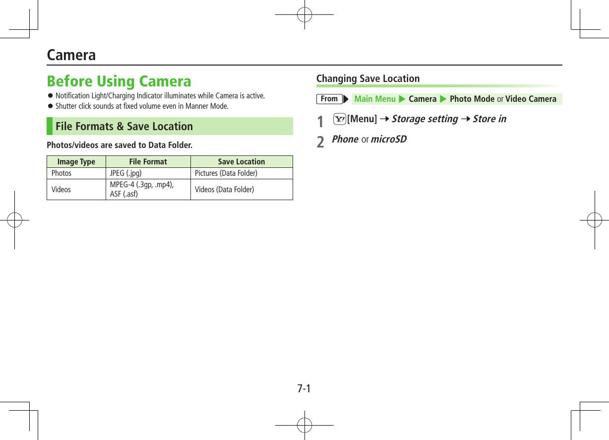 7-1Before Using Camera ⿟Notification Light/Charging Indicator illuminates while Camera is active. ⿟Shutter click sounds at fixed volume even in Manner Mode.File Formats &amp; Save LocationPhotos/videos are saved to Data Folder.Image Type File Format Save LocationPhotos JPEG (.jpg) Pictures (Data Folder)Videos MPEG-4 (.3gp, .mp4),  ASF (.asf) Videos (Data Folder)Changing Save LocationFrom Main Menu 4 Camera 4 Photo Mode or Video Camera1 S[Menu] 7 Storage setting 7 Store in2  Phone or microSDCamera