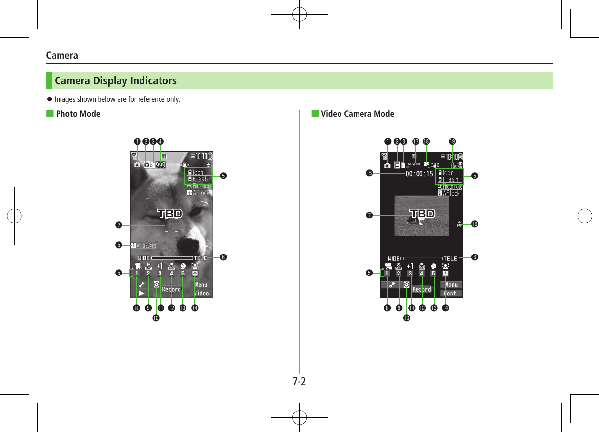 7-2CameraCamera Display Indicators ■Video Camera Mode ⿟Images shown below are for reference only. ■Photo Mode❽ ❾ 󱀔 󱀕 󱀖 󱀗󱀓❺❶ ❷❸❹❼❺❺❻❽ ❾ 󱀔 󱀕 󱀖 󱀗󱀓❺❺❻❶ ❷❸ 󱀚 󱀛 󱀜󱀘❼󱀙TBD TBD