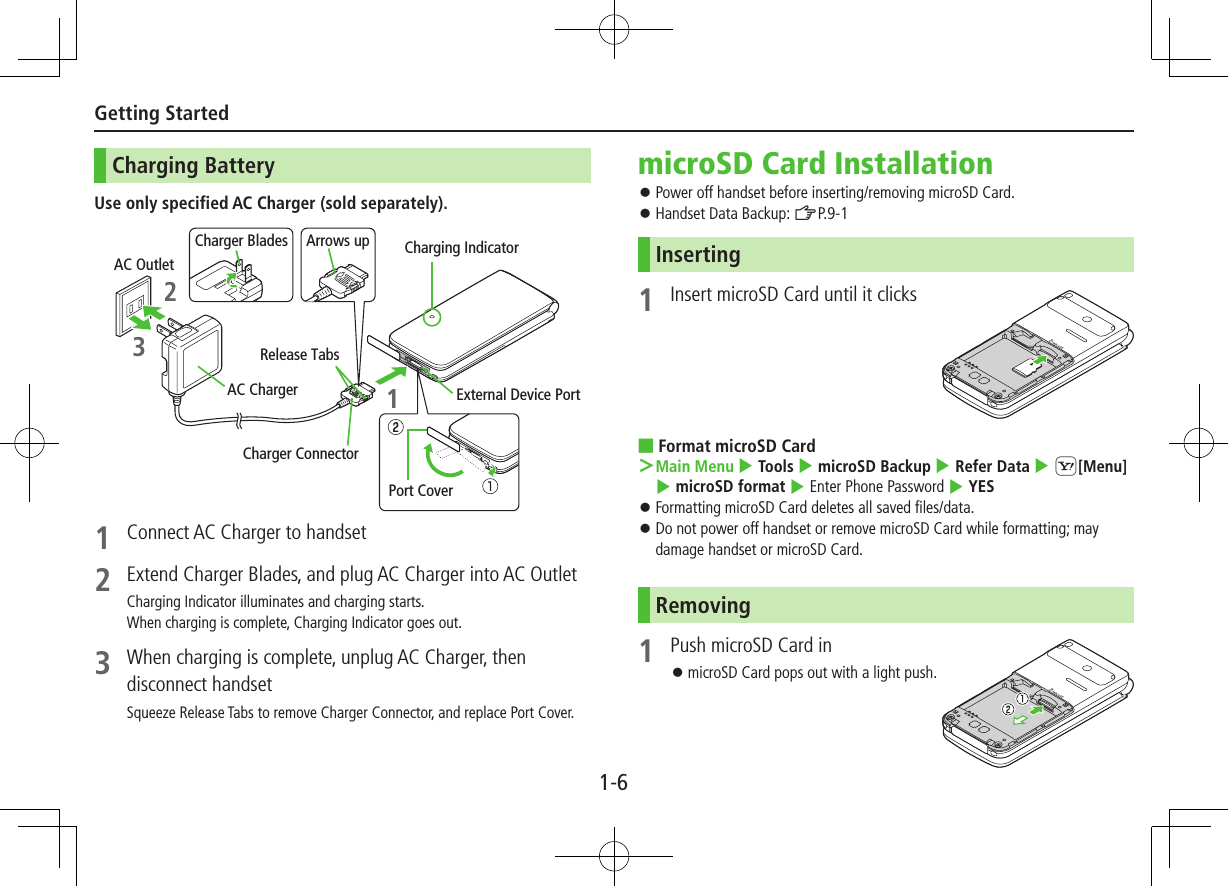 1-6Getting StartedCharging BatteryUse only specified AC Charger (sold separately).1  Connect AC Charger to handset2  Extend Charger Blades, and plug AC Charger into AC OutletCharging Indicator illuminates and charging starts.When charging is complete, Charging Indicator goes out.3  When charging is complete, unplug AC Charger, then disconnect handsetSqueeze Release Tabs to remove Charger Connector, and replace Port Cover.Port CoverCharging IndicatorExternal Device PortArrows upRelease TabsCharger ConnectorAC ChargerCharger BladesAC Outlet321 microSD Card Installation ⿟Power off handset before inserting/removing microSD Card. ⿟Handset Data Backup: ZP.9-1Inserting1  Insert microSD Card until it clicks ■Format microSD Card ＞Main Menu 4 Tools 4 microSD Backup 4 Refer Data 4 S[Menu] 4 microSD format 4 Enter Phone Password 4 YES ⿟Formatting microSD Card deletes all saved files/data. ⿟Do not power off handset or remove microSD Card while formatting; may damage handset or microSD Card.Removing1  Push microSD Card in ⿟microSD Card pops out with a light push.