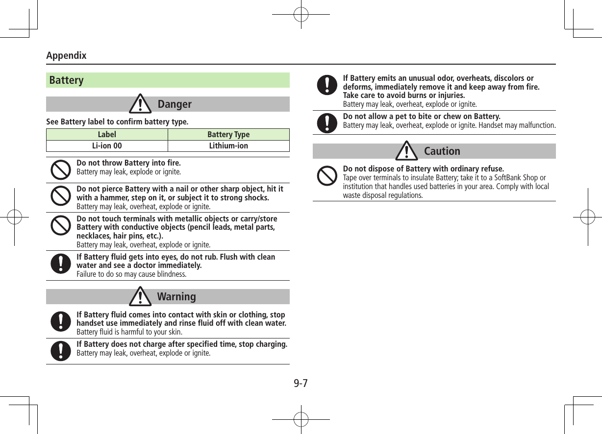 Appendix9-7BatteryDangerSee Battery label to confirm battery type.Do not throw Battery into fire.Battery may leak, explode or ignite.Do not pierce Battery with a nail or other sharp object, hit it with a hammer, step on it, or subject it to strong shocks.Battery may leak, overheat, explode or ignite.Do not touch terminals with metallic objects or carry/store Battery with conductive objects (pencil leads, metal parts, necklaces, hair pins, etc.).Battery may leak, overheat, explode or ignite.If Battery fluid gets into eyes, do not rub. Flush with clean water and see a doctor immediately.Failure to do so may cause blindness.WarningIf Battery fluid comes into contact with skin or clothing, stop handset use immediately and rinse fluid off with clean water.Battery fluid is harmful to your skin.If Battery does not charge after specified time, stop charging.Battery may leak, overheat, explode or ignite.Label Battery TypeLi-ion 00 Lithium-ionIf Battery emits an unusual odor, overheats, discolors or deforms, immediately remove it and keep away from fire.  Take care to avoid burns or injuries.Battery may leak, overheat, explode or ignite.Do not allow a pet to bite or chew on Battery.Battery may leak, overheat, explode or ignite. Handset may malfunction.CautionDo not dispose of Battery with ordinary refuse.Tape over terminals to insulate Battery; take it to a SoftBank Shop or institution that handles used batteries in your area. Comply with local waste disposal regulations.