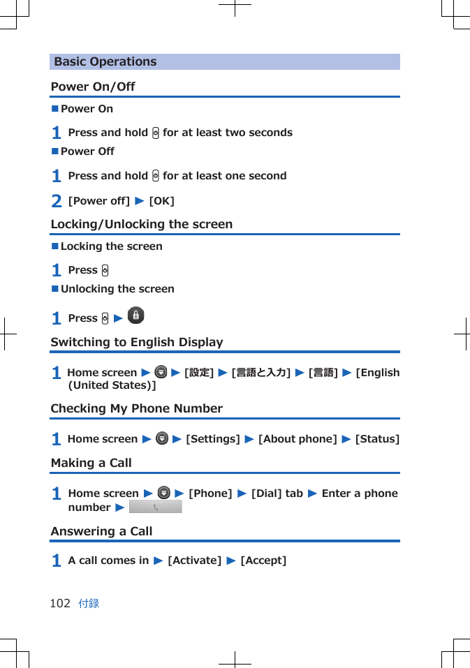 Basic OperationsPower On/Off■Power On 1 Press and hold H for at least two seconds■Power Off 1 Press and hold H for at least one second2 [Power off] W [OK]Locking/Unlocking the screen■Locking the screen1 Press H■Unlocking the screen1 Press H W Switching to English Display1 Home screen W  W [設定] W [言語と入力] W [言語] W [English(United States)]Checking My Phone Number1 Home screen W  W [Settings] W [About phone] W [Status]Making a Call1 Home screen W  W [Phone] W [Dial] tab W Enter a phonenumber W Answering a Call1 A call comes in W [Activate] W [Accept]付録102