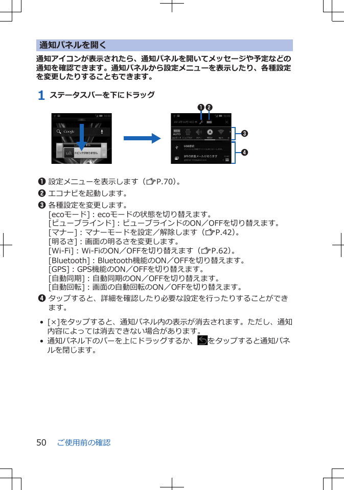 通知パネルを開く通知アイコンが表示されたら、通知パネルを開いてメッセージや予定などの通知を確認できます。通知パネルから設定メニューを表示したり、各種設定を変更したりすることもできます。1 ステータスバーを下にドラッグ12341設定メニューを表示します（ZP.70）。2エコナビを起動します。3各種設定を変更します。[ecoモード]：ecoモードの状態を切り替えます。[ビューブラインド]：ビューブラインドのON／OFFを切り替えます。[マナー]：マナーモードを設定／解除します（ZP.42）。[明るさ]：画面の明るさを変更します。[Wi-Fi]：Wi-FiのON／OFFを切り替えます（ZP.62）。[Bluetooth]：Bluetooth機能のON／OFFを切り替えます。[GPS]：GPS機能のON／OFFを切り替えます。[自動同期]：自動同期のON／OFFを切り替えます。[自動回転]：画面の自動回転のON／OFFを切り替えます。4タップすると、詳細を確認したり必要な設定を行ったりすることができます。• [×]をタップすると、通知パネル内の表示が消去されます。ただし、通知内容によっては消去できない場合があります。• 通知パネル下のバーを上にドラッグするか、 をタップすると通知パネルを閉じます。ご使用前の確認50