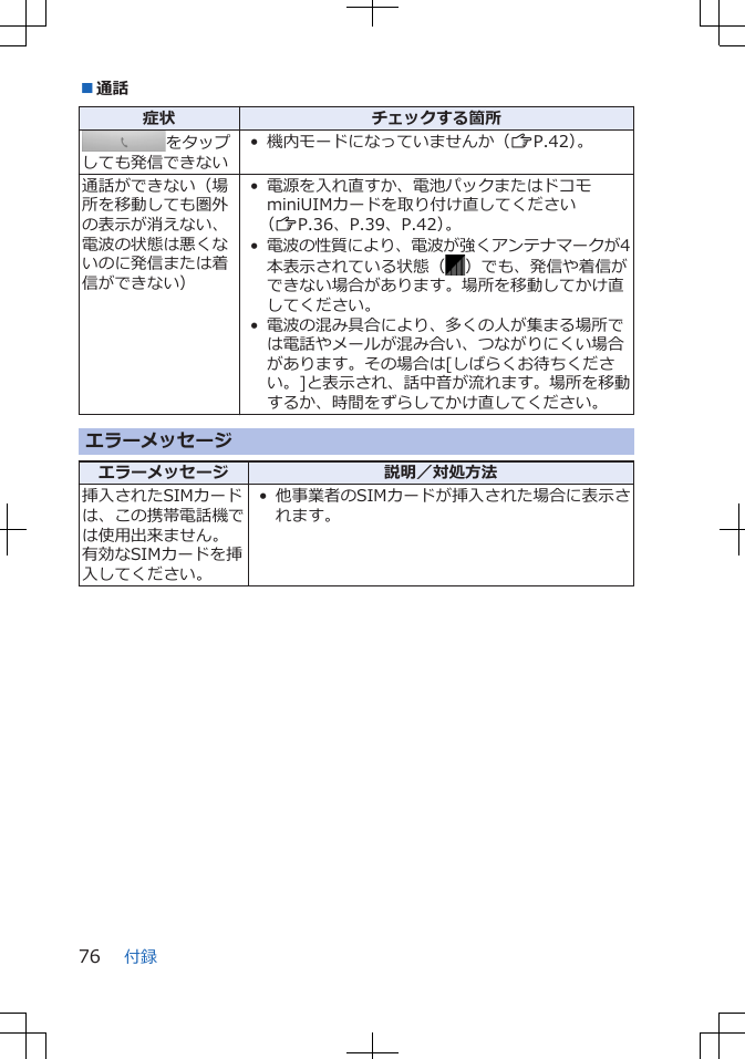 ■通話症状 チェックする箇所をタップしても発信できない• 機内モードになっていませんか（ZP.42）。通話ができない（場所を移動しても圏外の表示が消えない、電波の状態は悪くないのに発信または着信ができない）• 電源を入れ直すか、電池パックまたはドコモminiUIMカードを取り付け直してください（ZP.36、P.39、P.42）。•電波の性質により、電波が強くアンテナマークが4本表示されている状態（ ）でも、発信や着信ができない場合があります。場所を移動してかけ直してください。• 電波の混み具合により、多くの人が集まる場所では電話やメールが混み合い、つながりにくい場合があります。その場合は[しばらくお待ちください。]と表示され、話中音が流れます。場所を移動するか、時間をずらしてかけ直してください。エラーメッセージエラーメッセージ 説明／対処方法挿入されたSIMカードは、この携帯電話機では使用出来ません。有効なSIMカードを挿入してください。• 他事業者のSIMカードが挿入された場合に表示されます。付録76