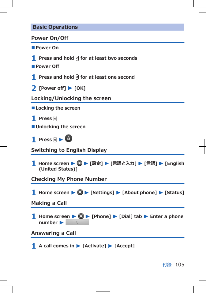 Basic OperationsPower On/Off■Power On 1 Press and hold H for at least two seconds■Power Off 1 Press and hold H for at least one second2 [Power off] W [OK]Locking/Unlocking the screen■Locking the screen1 Press H■Unlocking the screen1 Press H W Switching to English Display1 Home screen W  W [設定] W [言語と入力] W [言語] W [English(United States)]Checking My Phone Number1 Home screen W  W [Settings] W [About phone] W [Status]Making a Call1 Home screen W  W [Phone] W [Dial] tab W Enter a phonenumber W Answering a Call1 A call comes in W [Activate] W [Accept]付録 105