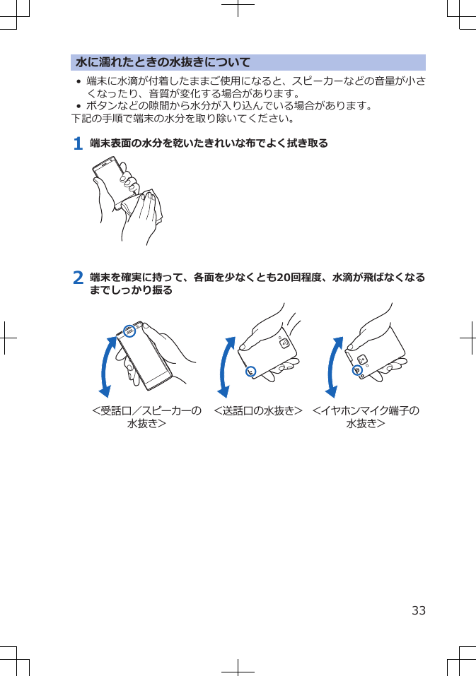 水に濡れたときの水抜きについて•端末に水滴が付着したままご使用になると、スピーカーなどの音量が小さくなったり、音質が変化する場合があります。• ボタンなどの隙間から水分が入り込んでいる場合があります。下記の手順で端末の水分を取り除いてください。1 端末表面の水分を乾いたきれいな布でよく拭き取る2 端末を確実に持って、各面を少なくとも20回程度、水滴が飛ばなくなるまでしっかり振る＜受話口／スピーカーの水抜き＞＜送話口の水抜き＞ ＜イヤホンマイク端子の水抜き＞33