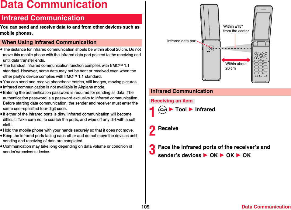 109 Data CommunicationData CommunicationYou can send and receive data to and from other devices such as mobile phones.≥The distance for infrared communication should be within about 20 cm. Do not move this mobile phone with the infrared data port pointed to the receiving end until data transfer ends.≥The handset infrared communication function complies with IrMC™ 1.1 standard. However, some data may not be sent or received even when the other party’s device complies with IrMC™ 1.1 standard.≥You can send and receive phonebook entries, still images, moving pictures.≥Infrared communication is not available in Airplane mode.≥Entering the authentication password is required for sending all data. The authentication password is a password exclusive to infrared communication. Before starting data communication, the sender and receiver must enter the same user-specified four-digit code.≥If either of the infrared ports is dirty, infrared communication will become difficult. Take care not to scratch the ports, and wipe off any dirt with a soft cloth.≥Hold the mobile phone with your hands securely so that it does not move.≥Keep the infrared ports facing each other and do not move the devices until sending and receiving of data are completed.≥Communication may take long depending on data volume or condition of sender&apos;s/receiver&apos;s device.Infrared CommunicationWhen Using Infrared Communication1m 1 Tool 1 Infrared2Receive3Face the infrared ports of the receiver’s and sender’s devices 1 OK 1 OK 1 OKInfrared CommunicationReceiving an itemInfrared data portWithin ±15°from the centerWithin about20 cm