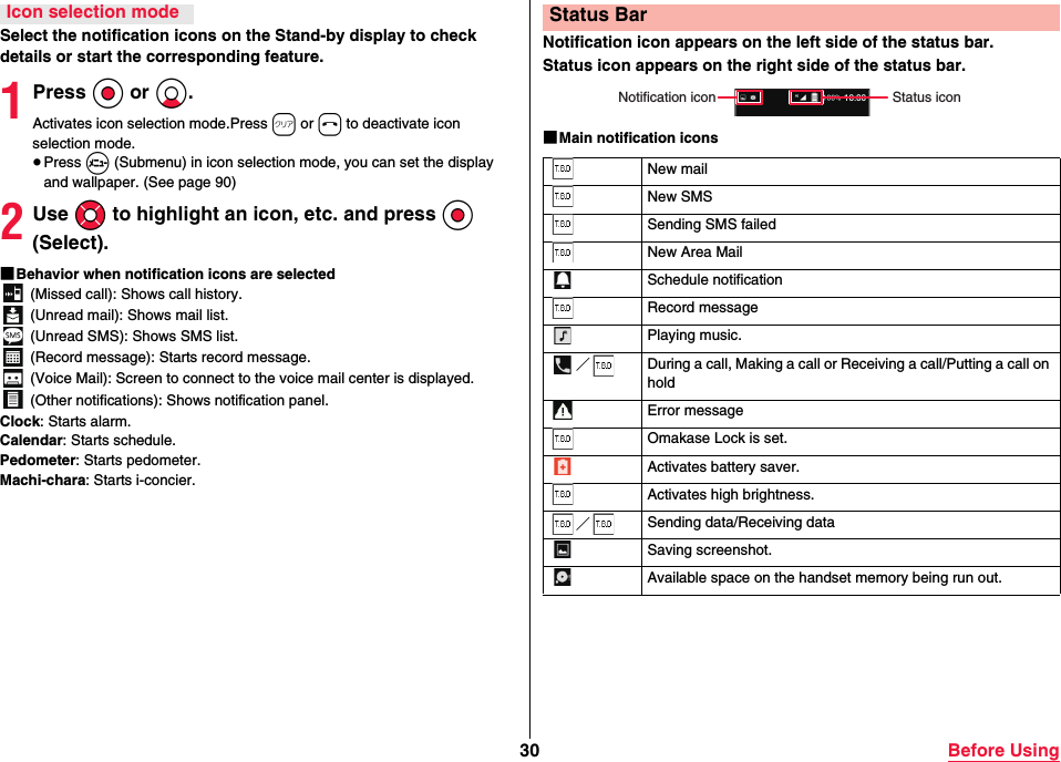 30 Before UsingSelect the notification icons on the Stand-by display to check details or start the corresponding feature.1Press Oo or Xo.Activates icon selection mode.Press r or h to deactivate icon selection mode.≥Press m (Submenu) in icon selection mode, you can set the display and wallpaper. (See page 90)2Use Mo to highlight an icon, etc. and press Oo (Select).■Behavior when notification icons are selected (Missed call): Shows call history. (Unread mail): Shows mail list. (Unread SMS): Shows SMS list. (Record message): Starts record message. (Voice Mail): Screen to connect to the voice mail center is displayed. (Other notifications): Shows notification panel.Clock: Starts alarm.Calendar: Starts schedule.Pedometer: Starts pedometer.Machi-chara: Starts i-concier.Icon selection modeNotification icon appears on the left side of the status bar.Status icon appears on the right side of the status bar.■Main notification iconsStatus BarNotification icon Status iconNew mailNew SMSSending SMS failedNew Area MailSchedule notificationRecord messagePlaying music.／During a call, Making a call or Receiving a call/Putting a call on holdError messageOmakase Lock is set.Activates battery saver.Activates high brightness.／Sending data/Receiving dataSaving screenshot.Available space on the handset memory being run out.