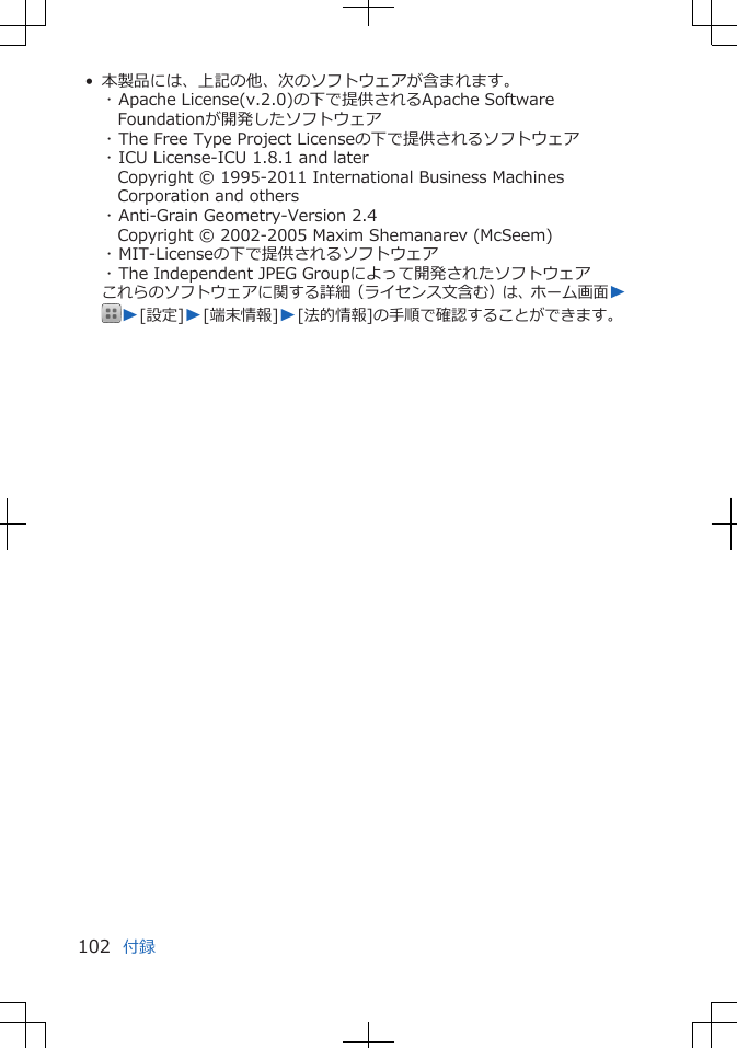 • 本製品には、上記の他、次のソフトウェアが含まれます。･ Apache License(v.2.0)の下で提供されるApache SoftwareFoundationが開発したソフトウェア･ The Free Type Project Licenseの下で提供されるソフトウェア･ ICU License-ICU 1.8.1 and laterCopyright © 1995-2011 International Business MachinesCorporation and others･ Anti-Grain Geometry-Version 2.4Copyright © 2002-2005 Maxim Shemanarev (McSeem)･ MIT-Licenseの下で提供されるソフトウェア･ The Independent JPEG Groupによって開発されたソフトウェアこれらのソフトウェアに関する詳細（ライセンス文含む）は、ホーム画面WW[設定]W[端末情報]W[法的情報]の手順で確認することができます。付録102