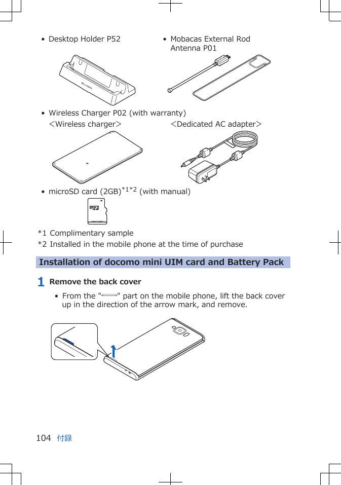 • Desktop Holder P52 • Mobacas External RodAntenna P01• Wireless Charger P02 (with warranty)    ＜Wireless charger＞     ＜Dedicated AC adapter＞• microSD card (2GB)*1*2 (with manual) *1 Complimentary sample*2 Installed in the mobile phone at the time of purchaseInstallation of docomo mini UIM card and Battery Pack1 Remove the back cover•  From the &quot; &quot; part on the mobile phone, lift the back coverup in the direction of the arrow mark, and remove. 付録104