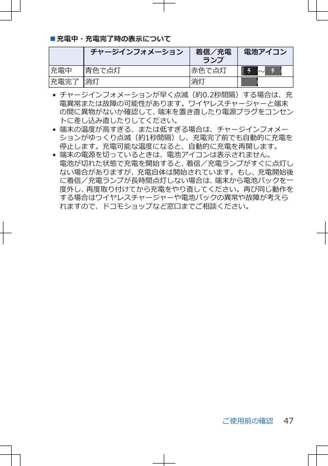 ■充電中・充電完了時の表示について  チャージインフォメーション 着信／充電ランプ電池アイコン充電中 青色で点灯 赤色で点灯  ～充電完了 消灯 消灯  • チャージインフォメーションが早く点滅（約0.2秒間隔）する場合は、充電異常または故障の可能性があります。ワイヤレスチャージャーと端末の間に異物がないか確認して、端末を置き直したり電源プラグをコンセントに差し込み直したりしてください。• 端末の温度が高すぎる、または低すぎる場合は、チャージインフォメーションがゆっくり点滅（約1秒間隔）し、充電完了前でも自動的に充電を停止します。充電可能な温度になると、自動的に充電を再開します。• 端末の電源を切っているときは、電池アイコンは表示されません。電池が切れた状態で充電を開始すると、着信／充電ランプがすぐに点灯しない場合がありますが、充電自体は開始されています。もし、充電開始後に着信／充電ランプが長時間点灯しない場合は、端末から電池パックを一度外し、再度取り付けてから充電をやり直してください。再び同じ動作をする場合はワイヤレスチャージャーや電池パックの異常や故障が考えられますので、ドコモショップなど窓口までご相談ください。ご使用前の確認 47