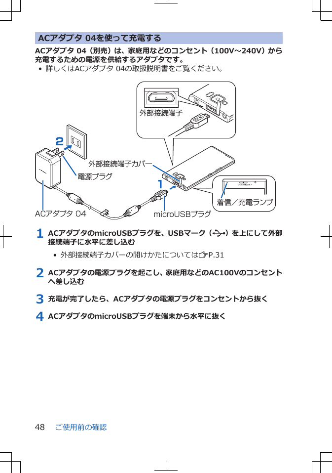 ACアダプタ 04を使って充電するACアダプタ 04（別売）は、家庭用などのコンセント（100V～240V）から充電するための電源を供給するアダプタです。• 詳しくはACアダプタ 04の取扱説明書をご覧ください。 ACアダプタ 04電源プラグ21microUSBプラグ外部接続端子カバー外部接続端子着信／充電ランプ1 ACアダプタのmicroUSBプラグを、USBマーク（ ）を上にして外部接続端子に水平に差し込む•  外部接続端子カバーの開けかたについてはZP.312 ACアダプタの電源プラグを起こし、家庭用などのAC100Vのコンセントへ差し込む3 充電が完了したら、ACアダプタの電源プラグをコンセントから抜く4 ACアダプタのmicroUSBプラグを端末から水平に抜くご使用前の確認48