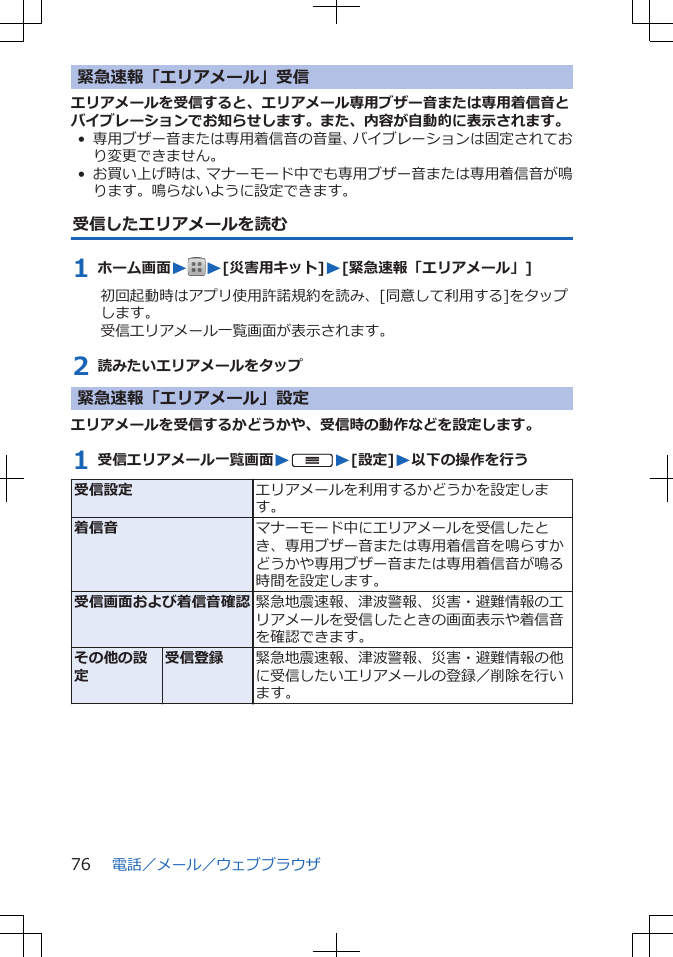 緊急速報「エリアメール」受信エリアメールを受信すると、エリアメール専用ブザー音または専用着信音とバイブレーションでお知らせします。また、内容が自動的に表示されます。• 専用ブザー音または専用着信音の音量、バイブレーションは固定されており変更できません。• お買い上げ時は、マナーモード中でも専用ブザー音または専用着信音が鳴ります。鳴らないように設定できます。受信したエリアメールを読む1 ホーム画面WW[災害用キット]W[緊急速報「エリアメール」]初回起動時はアプリ使用許諾規約を読み、[同意して利用する]をタップします。受信エリアメール一覧画面が表示されます。2 読みたいエリアメールをタップ緊急速報「エリアメール」設定エリアメールを受信するかどうかや、受信時の動作などを設定します。1 受信エリアメール一覧画面WuW[設定]W以下の操作を行う受信設定 エリアメールを利用するかどうかを設定します。着信音 マナーモード中にエリアメールを受信したとき、専用ブザー音または専用着信音を鳴らすかどうかや専用ブザー音または専用着信音が鳴る時間を設定します。受信画面および着信音確認 緊急地震速報、津波警報、災害・避難情報のエリアメールを受信したときの画面表示や着信音を確認できます。その他の設定受信登録 緊急地震速報、津波警報、災害・避難情報の他に受信したいエリアメールの登録／削除を行います。電話／メール／ウェブブラウザ76