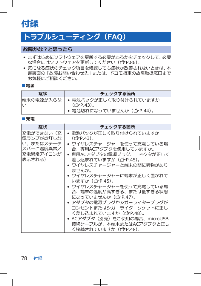 付録トラブルシューティング（FAQ）故障かな？と思ったら• まずはじめにソフトウェアを更新する必要があるかをチェックして、必要な場合にはソフトウェアを更新してください（ZP.86）。• 気になる症状のチェック項目を確認しても症状が改善されないときは、本書裏面の「故障お問い合わせ先」または、ドコモ指定の故障取扱窓口までお気軽にご相談ください。■電源症状 チェックする箇所端末の電源が入らない• 電池パックが正しく取り付けられていますか（ZP.43）。• 電池切れになっていませんか（ZP.44）。■充電症状 チェックする箇所充電ができない（充電ランプが点灯しない、またはステータスバーに温度異常／充電異常アイコンが表示される）• 電池パックが正しく取り付けられていますか（ZP.43）。• ワイヤレスチャージャーを使って充電している場合、専用ACアダプタを使用していますか。• 専用ACアダプタの電源プラグ、コネクタが正しく差し込まれていますか（ZP.45）。• ワイヤレスチャージャーと端末の間に異物がありませんか。• ワイヤレスチャージャーに端末が正しく置かれていますか（ZP.45）。• ワイヤレスチャージャーを使って充電している場合、端末の温度が高すぎる、または低すぎる状態になっていませんか（ZP.47）。• アダプタの電源プラグやシガーライタープラグがコンセントまたはシガーライターソケットに正しく差し込まれていますか（ZP.48）。• ACアダプタ（別売）をご使用の場合、microUSB接続ケーブルが、本端末またはACアダプタと正しく接続されていますか（ZP.48）。付録78