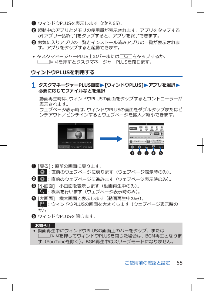 1ウィンドウPLUSを表示します（ZP.65）。2起動中のアプリとメモリの使用量が表示されます。アプリをタップするか[アプリ一括終了]をタップすると、アプリを終了できます。3お気に入りアプリの一覧とインストール済みアプリの一覧が表示されます。アプリをタップすると起動できます。• タスクマネージャーPLUS上のバーまたはsをタップするか、tを押すとタスクマネージャーPLUSを閉じます。ウィンドウPLUSを利用する1 タスクマネージャーPLUS画面W[ウィンドウPLUS]Wアプリを選択W必要に応じてファイルなどを選択動画再生時は、ウィンドウPLUSの画面をタップするとコントローラーが表示されます。ウェブページ表示時は、ウィンドウPLUSの画面をダブルタップまたはピンチアウト／ピンチインするとウェブページを拡大／縮小できます。 123451[戻る]：直前の画面に戻ります。：直前のウェブページに戻ります（ウェブページ表示時のみ）。2：直前のウェブページに進みます（ウェブページ表示時のみ）。3[小画面]：小画面を表示します（動画再生中のみ）。：検索を行います（ウェブページ表示時のみ）。4[大画面]：横大画面で表示します（動画再生中のみ）。：ウィンドウPLUSの画面を大きくします（ウェブページ表示時のみ）。5ウィンドウPLUSを閉じます。お知らせ• 動画再生中にウィンドウPLUSの画面上のバーをタップ、またはtを押してウィンドウPLUSを閉じた場合は、BGM再生となります（YouTubeを除く）。BGM再生中はスリープモードになりません。ご使用前の確認と設定 65