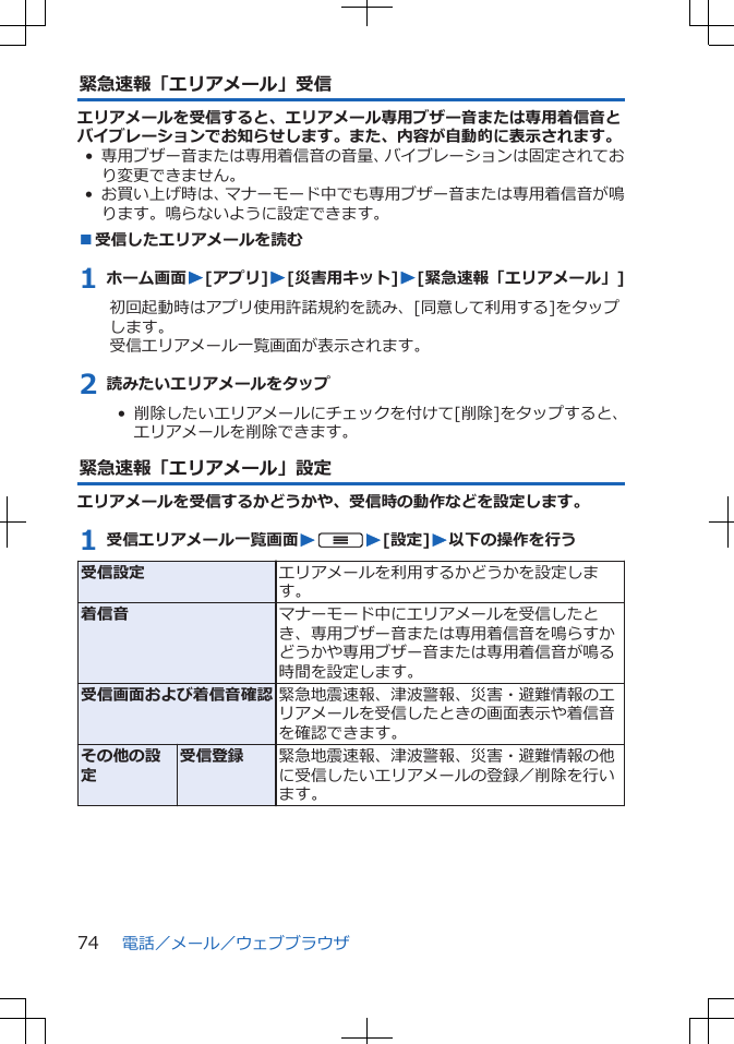 緊急速報「エリアメール」受信エリアメールを受信すると、エリアメール専用ブザー音または専用着信音とバイブレーションでお知らせします。また、内容が自動的に表示されます。• 専用ブザー音または専用着信音の音量、バイブレーションは固定されており変更できません。• お買い上げ時は、マナーモード中でも専用ブザー音または専用着信音が鳴ります。鳴らないように設定できます。■受信したエリアメールを読む1 ホーム画面W[アプリ]W[災害用キット]W[緊急速報「エリアメール」]初回起動時はアプリ使用許諾規約を読み、[同意して利用する]をタップします。受信エリアメール一覧画面が表示されます。2 読みたいエリアメールをタップ•  削除したいエリアメールにチェックを付けて[削除]をタップすると、エリアメールを削除できます。緊急速報「エリアメール」設定エリアメールを受信するかどうかや、受信時の動作などを設定します。1 受信エリアメール一覧画面WuW[設定]W以下の操作を行う受信設定 エリアメールを利用するかどうかを設定します。着信音 マナーモード中にエリアメールを受信したとき、専用ブザー音または専用着信音を鳴らすかどうかや専用ブザー音または専用着信音が鳴る時間を設定します。受信画面および着信音確認 緊急地震速報、津波警報、災害・避難情報のエリアメールを受信したときの画面表示や着信音を確認できます。その他の設定受信登録 緊急地震速報、津波警報、災害・避難情報の他に受信したいエリアメールの登録／削除を行います。電話／メール／ウェブブラウザ74