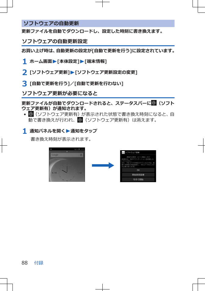 ソフトウェアの自動更新更新ファイルを自動でダウンロードし、設定した時刻に書き換えます。ソフトウェアの自動更新設定お買い上げ時は、自動更新の設定が[自動で更新を行う]に設定されています。1 ホーム画面W[本体設定]W[端末情報]2 [ソフトウェア更新]W[ソフトウェア更新設定の変更]3 [自動で更新を行う]／[自動で更新を行わない]ソフトウェア更新が必要になると更新ファイルが自動でダウンロードされると、ステータスバーに （ソフトウェア更新有）が通知されます。•（ソフトウェア更新有）が表示された状態で書き換え時刻になると、自動で書き換えが行われ、 （ソフトウェア更新有）は消えます。1 通知パネルを開くW通知をタップ書き換え時刻が表示されます。 付録88