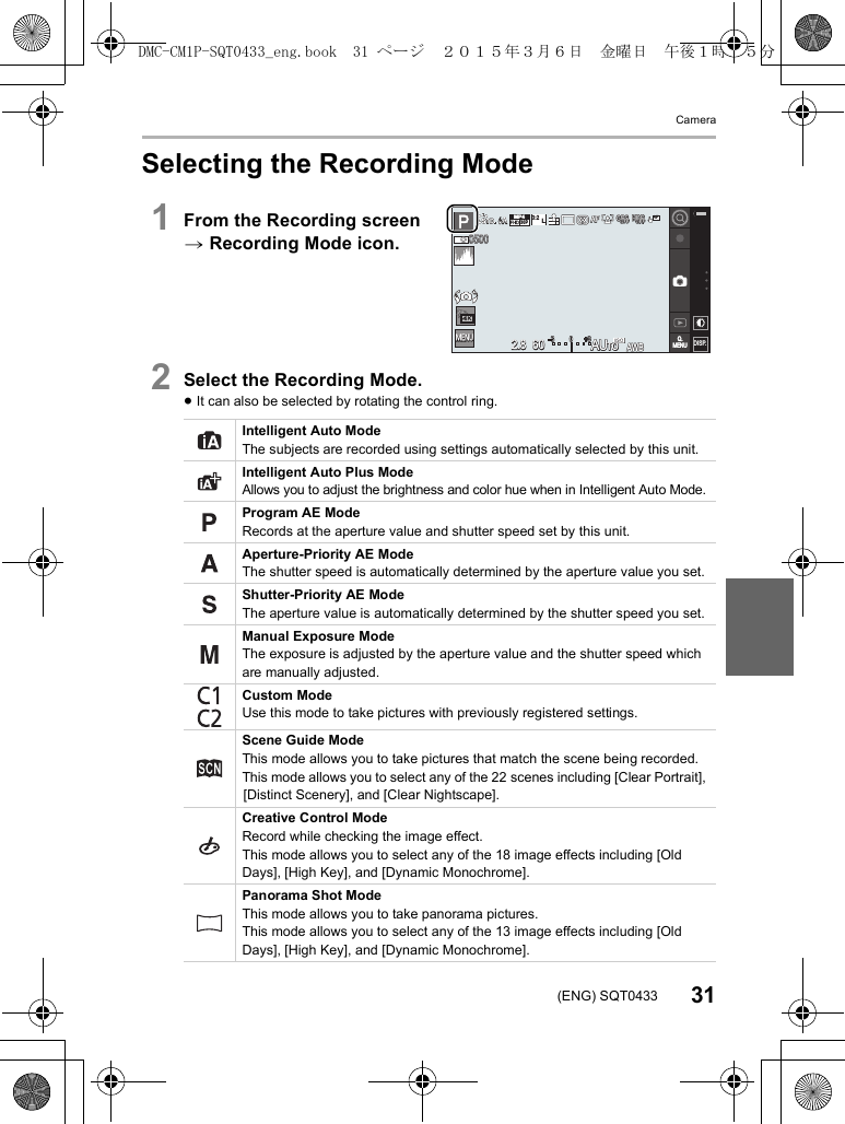 Camera31(ENG) SQT0433Selecting the Recording Mode1From the Recording screen &gt; Recording Mode icon.2Select the Recording Mode.≥It can also be selected by rotating the control ring.Intelligent Auto ModeThe subjects are recorded using settings automatically selected by this unit.Intelligent Auto Plus ModeAllows you to adjust the brightness and color hue when in Intelligent Auto Mode.Program AE ModeRecords at the aperture value and shutter speed set by this unit.Aperture-Priority AE ModeThe shutter speed is automatically determined by the aperture value you set.Shutter-Priority AE ModeThe aperture value is automatically determined by the shutter speed you set.Manual Exposure ModeThe exposure is adjusted by the aperture value and the shutter speed which are manually adjusted.Custom ModeUse this mode to take pictures with previously registered settings.Scene Guide ModeThis mode allows you to take pictures that match the scene being recorded.This mode allows you to select any of the 22 scenes including [Clear Portrait], [Distinct Scenery], and [Clear Nightscape].Creative Control ModeRecord while checking the image effect.This mode allows you to select any of the 18 image effects including [Old Days], [High Key], and [Dynamic Monochrome].Panorama Shot ModeThis mode allows you to take panorama pictures.This mode allows you to select any of the 13 image effects including [Old Days], [High Key], and [Dynamic Monochrome].ヮユワヶヮユワヶ0500050005006060602.82.82.8AUAUToAUToAUToAWBAWBAWB0 33AFAFAFL3:2MP430pAAGPSGPSGPSOFFOFFOFFHDRHDRHDROFFOFFOFFAFQ.MENUQ.MENU DISP.DISP.DISP.DISP.DMC-CM1P-SQT0433_eng.book  31 ページ  ２０１５年３月６日　金曜日　午後１時３５分