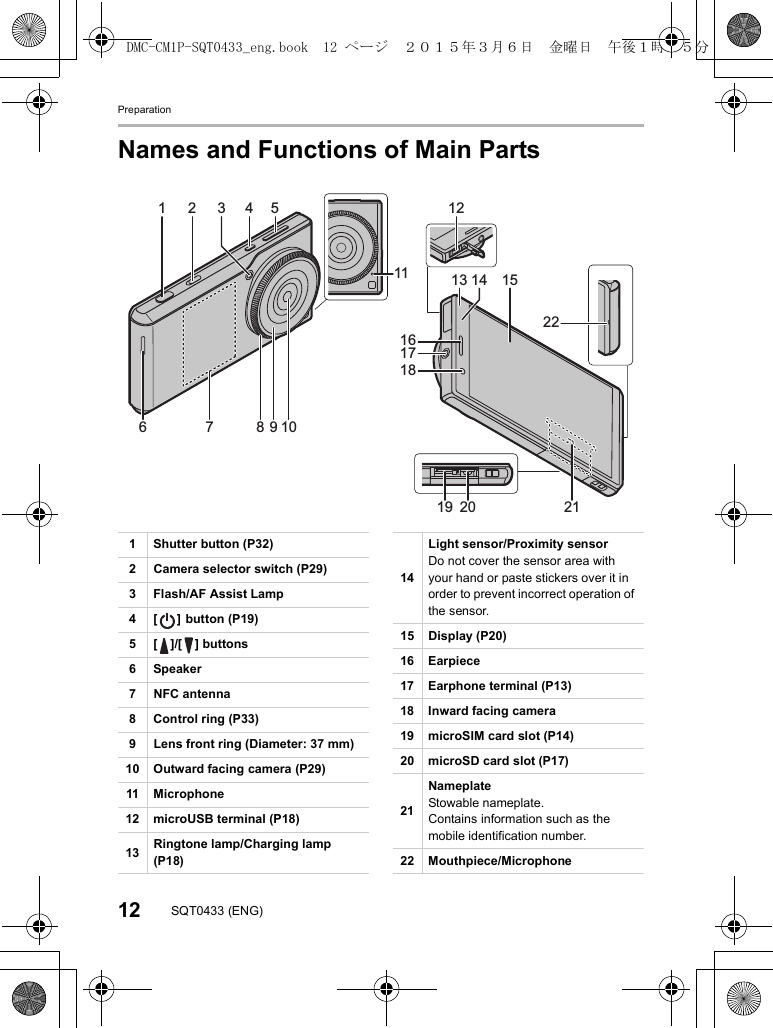 Preparation12 SQT0433 (ENG)Names and Functions of Main Parts178102345611 13 14 151219 20 211622171891 Shutter button (P32)2 Camera selector switch (P29)3 Flash/AF Assist Lamp4 [ ] button (P19)5 [ ]/[ ] buttons6Speaker7 NFC antenna8 Control ring (P33)9 Lens front ring (Diameter: 37 mm)10 Outward facing camera (P29)11 Microphone12 microUSB terminal (P18)13 Ringtone lamp/Charging lamp (P18)14Light sensor/Proximity sensorDo not cover the sensor area with your hand or paste stickers over it in order to prevent incorrect operation of the sensor.15 Display (P20)16 Earpiece17 Earphone terminal (P13)18 Inward facing camera19 microSIM card slot (P14)20 microSD card slot (P17)21NameplateStowable nameplate.Contains information such as the mobile identification number.22 Mouthpiece/MicrophoneDMC-CM1P-SQT0433_eng.book  12 ページ  ２０１５年３月６日　金曜日　午後１時３５分