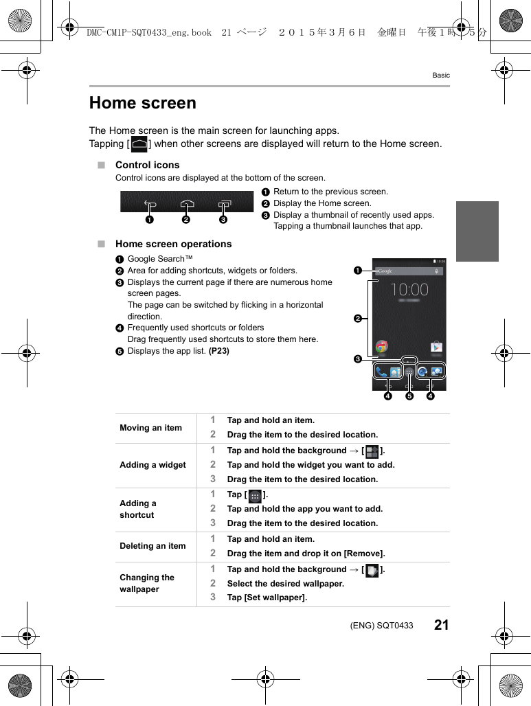 Basic21(ENG) SQT0433Home screenThe Home screen is the main screen for launching apps.Tapping [ ] when other screens are displayed will return to the Home screen.∫Control iconsControl icons are displayed at the bottom of the screen.∫Home screen operations1Return to the previous screen.2Display the Home screen.3Display a thumbnail of recently used apps.Tapping a thumbnail launches that app.1Google Search™2Area for adding shortcuts, widgets or folders.3Displays the current page if there are numerous home screen pages.The page can be switched by flicking in a horizontal direction.4Frequently used shortcuts or foldersDrag frequently used shortcuts to store them here.5Displays the app list. (P23)Moving an item 1Tap and hold an item.2Drag the item to the desired location.Adding a widget1Tap and hold the background &gt; [ ].2Tap and hold the widget you want to add.3Drag the item to the desired location.Adding a shortcut1Tap [ ].2Tap and hold the app you want to add.3Drag the item to the desired location.Deleting an item 1Tap and hold an item.2Drag the item and drop it on [Remove].Changing the wallpaper1Tap and hold the background &gt; [ ].2Select the desired wallpaper.3Tap [Set wallpaper].1 2 3135442DMC-CM1P-SQT0433_eng.book  21 ページ  ２０１５年３月６日　金曜日　午後１時３５分