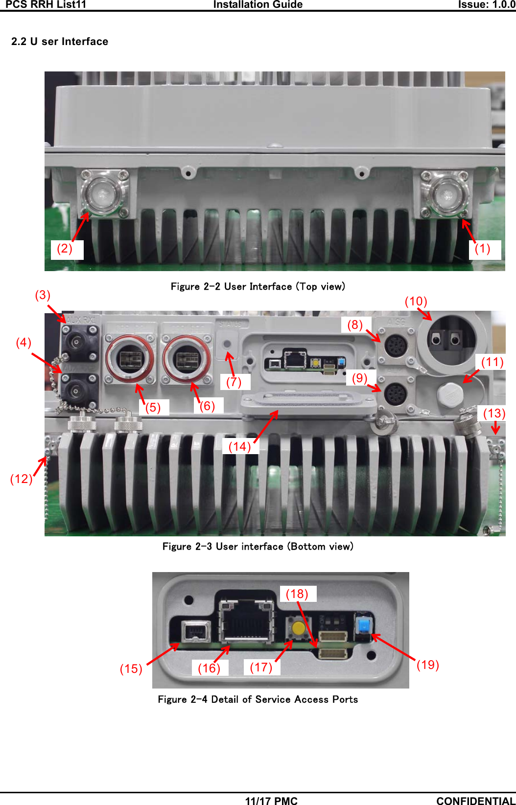   PCS RRH List11  Installation Guide  Issue: 1.0.0    11/17 PMC CONFIDENTIAL  2.2 U ser Interface   Figure 2-2 User Interface (Top view)   Figure 2-3 User interface (Bottom view)   Figure 2-4 Detail of Service Access Ports    (1) (2) (8)(3) (4) (5)  (6)(7)(10) (11)(12) (13)(9)(14)(15)  (16) (17) (19) (18)