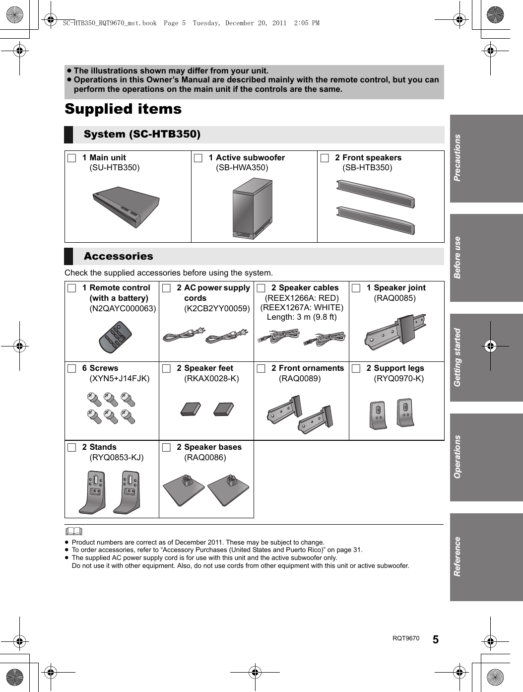 PrecautionsReference Getting started Before useOperationsRQT9670 5Before useSupplied itemsCheck the supplied accessories before using the system.≥Product numbers are correct as of December 2011. These may be subject to change.≥To order accessories, refer to “Accessory Purchases (United States and Puerto Rico)” on page 31.≥The supplied AC power supply cord is for use with this unit and the active subwoofer only.Do not use it with other equipment. Also, do not use cords from other equipment with this unit or active subwoofer.≥The illustrations shown may differ from your unit.≥Operations in this Owner’s Manual are described mainly with the remote control, but you can perform the operations on the main unit if the controls are the same.System (SC-HTB350)∏1Main unit(SU-HTB350)∏1 Active subwoofer(SB-HWA350)∏2 Front speakers(SB-HTB350)Accessories∏1 Remote control (with a battery)(N2QAYC000063)∏2 AC power supply cords(K2CB2YY00059)∏2 Speaker cables(REEX1266A: RED)(REEX1267A: WHITE)Length: 3 m (9.8 ft)∏1 Speaker joint(RAQ0085)∏6 Screws(XYN5+J14FJK)∏2 Speaker feet(RKAX0028-K)∏2 Front ornaments(RAQ0089)∏2 Support legs(RYQ0970-K)∏2Stands(RYQ0853-KJ)∏2 Speaker bases(RAQ0086)SC-HTB350_RQT9670_mst.book  Page 5  Tuesday, December 20, 2011  2:05 PM