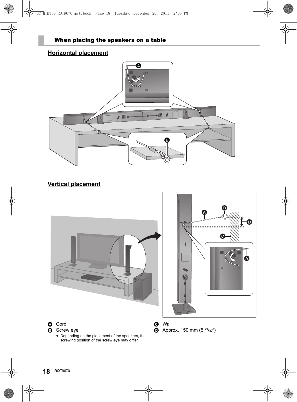 18 RQT9670When placing the speakers on a tableHorizontal placementVertical placementACordBScrew eye≥Depending on the placement of the speakers, the screwing position of the screw eye may differ.CWallDApprox. 150 mm (5 29/32q)SC-HTB350_RQT9670_mst.book  Page 18  Tuesday, December 20, 2011  2:05 PM