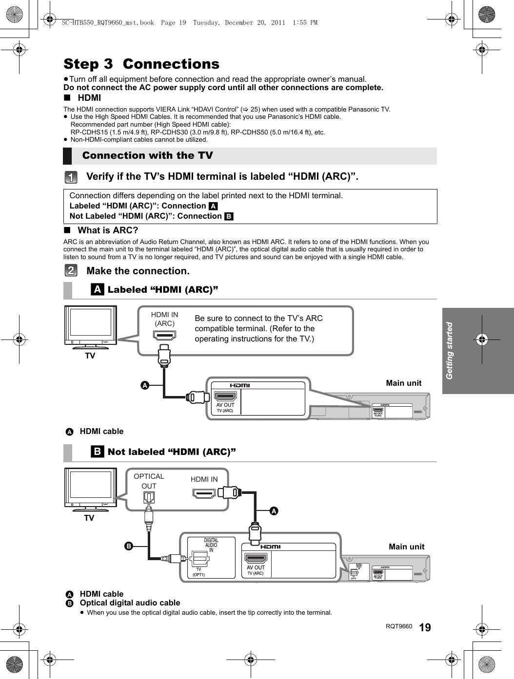 Getting startedRQT9660 19Step 3  Connections≥Turn off all equipment before connection and read the appropriate owner’s manual.Do not connect the AC power supply cord until all other connections are complete.∫HDMIThe HDMI connection supports VIERA Link “HDAVI Control” (&gt;25) when used with a compatible Panasonic TV.≥Use the High Speed HDMI Cables. It is recommended that you use Panasonic’s HDMI cable.Recommended part number (High Speed HDMI cable):RP-CDHS15 (1.5 m/4.9 ft), RP-CDHS30 (3.0 m/9.8 ft), RP-CDHS50 (5.0 m/16.4 ft), etc.≥Non-HDMI-compliant cables cannot be utilized.Verify if the TV’s HDMI terminal is labeled “HDMI (ARC)”.∫What is ARC?ARC is an abbreviation of Audio Return Channel, also known as HDMI ARC. It refers to one of the HDMI functions. When you connect the main unit to the terminal labeled “HDMI (ARC)”, the optical digital audio cable that is usually required in order to listen to sound from a TV is no longer required, and TV pictures and sound can be enjoyed with a single HDMI cable.Make the connection.Connection with the TVConnection differs depending on the label printed next to the HDMI terminal.Labeled “HDMI (ARC)”: Connection [A]Not Labeled “HDMI (ARC)”: Connection [B][A] Labeled “HDMI (ARC)”HDMI cable[B] Not labeled “HDMI (ARC)”HDMI cableOptical digital audio cable≥When you use the optical digital audio cable, insert the tip correctly into the terminal.SPEAKERS / HAUT-PARLEURSAV OUTDIGITALAUDIOINTV (ARC)AC INHDMI IN(ARC)AV INTV (ARC)BD/DVD(HDMI1)BD/DVD(HDMI1)AUX1(HDMI2)AV OUTTVMain unitBe sure to connect to the TV’s ARC compatible terminal. (Refer to the operating instructions for the TV.)SPEAKERS / HAUT-PARLEURS6R   LAV OUTDIGITALAUDIOINTV(OPT1) TV (ARC)AC INHDMI INOPTICALOUTTV (ARC)AV OUTDIGITALAUDIOINTV(OPT1)TVMain unitSC-HTB550_RQT9660_mst.book  Page 19  Tuesday, December 20, 2011  1:55 PM