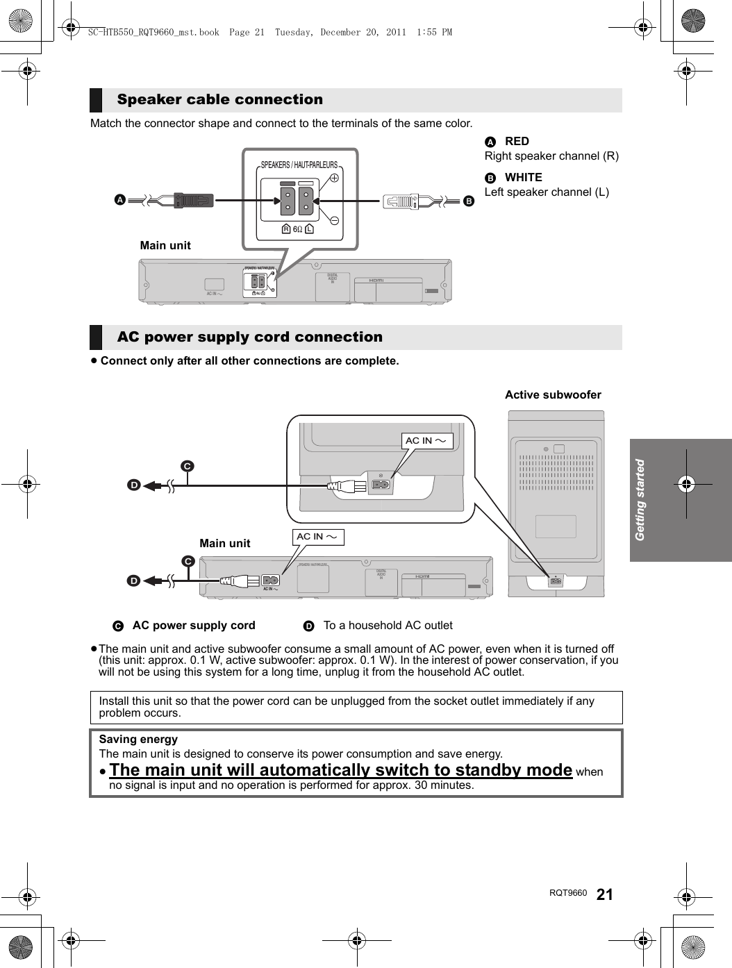 Getting startedRQT9660 21Match the connector shape and connect to the terminals of the same color.≥Connect only after all other connections are complete.≥The main unit and active subwoofer consume a small amount of AC power, even when it is turned off (this unit: approx. 0.1 W, active subwoofer: approx. 0.1 W). In the interest of power conservation, if you will not be using this system for a long time, unplug it from the household AC outlet.Speaker cable connectionREDRight speaker channel (R)WHITELeft speaker channel (L)AC power supply cord connectionAC power supply cord To a household AC outletInstall this unit so that the power cord can be unplugged from the socket outlet immediately if any problem occurs.Saving energyThe main unit is designed to conserve its power consumption and save energy.≥The main unit will automatically switch to standby mode when no signal is input and no operation is performed for approx. 30 minutes.SPEAKERS / HAUT-PARLEURS6RLDIGITALAUDIOINAC INSPEAKERS / HAUT-PARLEURS6R LMain unitAC IN SPEAKERS / HAUT-PARLEURSDIGITALAUDIOINAC INAC IN Main unitActive subwooferSC-HTB550_RQT9660_mst.book  Page 21  Tuesday, December 20, 2011  1:55 PM