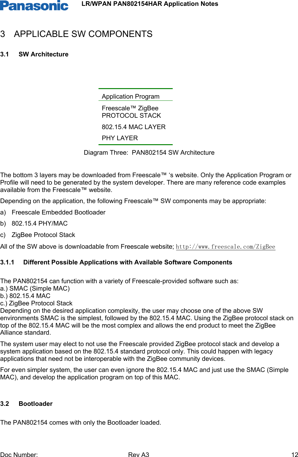                 LR/WPAN PAN802154HAR Application Notes Doc Number:   Rev A3    123 APPLICABLE SW COMPONENTS 3.1  SW Architecture    Application Program Freescale™ ZigBee PROTOCOL STACK 802.15.4 MAC LAYER PHY LAYER Diagram Three:  PAN802154 SW Architecture  The bottom 3 layers may be downloaded from Freescale™ ‘s website. Only the Application Program or Profile will need to be generated by the system developer. There are many reference code examples available from the Freescale™ website. Depending on the application, the following Freescale™ SW components may be appropriate: a)  Freescale Embedded Bootloader  b)  802.15.4 PHY/MAC  c)  ZigBee Protocol Stack  All of the SW above is downloadable from Freescale website; http://www.freescale.com/ZigBee 3.1.1  Different Possible Applications with Available Software Components The PAN802154 can function with a variety of Freescale-provided software such as:  a.) SMAC (Simple MAC) b.) 802.15.4 MAC c.) ZigBee Protocol Stack Depending on the desired application complexity, the user may choose one of the above SW environments SMAC is the simplest, followed by the 802.15.4 MAC. Using the ZigBee protocol stack on top of the 802.15.4 MAC will be the most complex and allows the end product to meet the ZigBee Alliance standard.   The system user may elect to not use the Freescale provided ZigBee protocol stack and develop a system application based on the 802.15.4 standard protocol only. This could happen with legacy applications that need not be interoperable with the ZigBee community devices. For even simpler system, the user can even ignore the 802.15.4 MAC and just use the SMAC (Simple MAC), and develop the application program on top of this MAC.  3.2 Bootloader The PAN802154 comes with only the Bootloader loaded.  